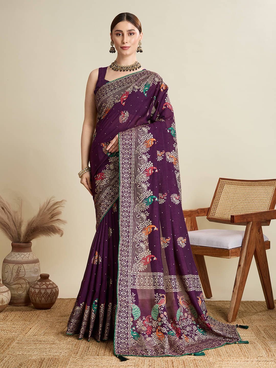 Nayanthara Trends Cotton Silk Printed Saree With Unstitched Blouse Piece ( Purple ) Nayanthara Trends Cotton Silk Printed Saree With Unstitched Blouse Piece ( Purple )