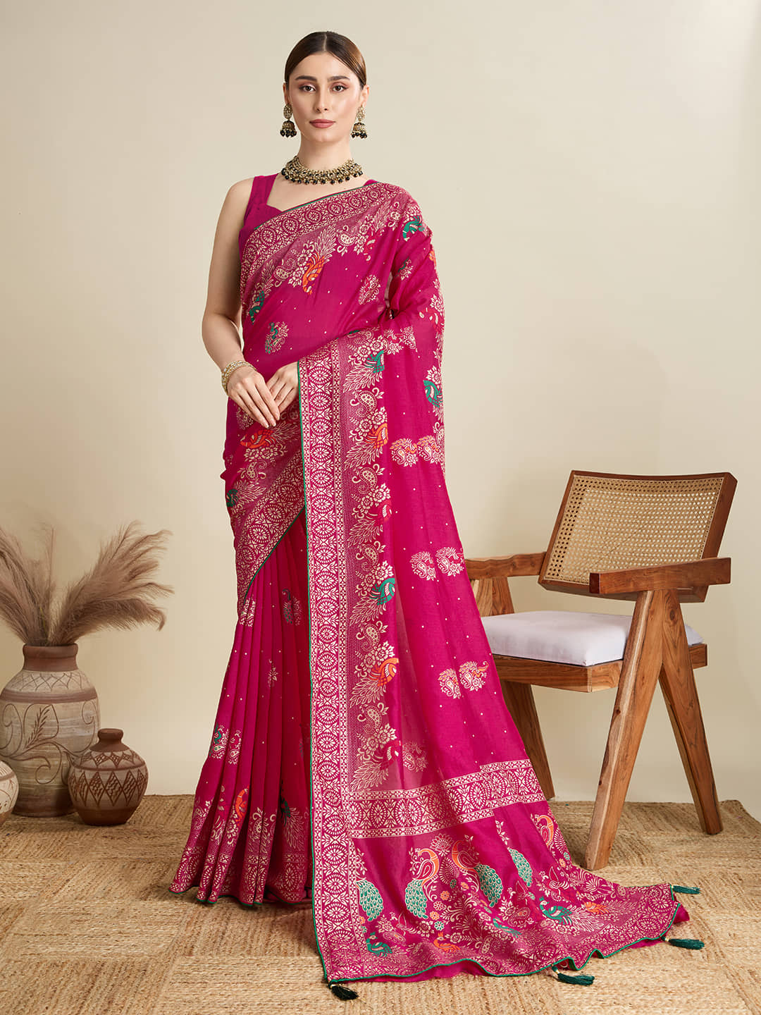 Nayanthara Trends Cotton Silk Printed Saree With Unstitched Blouse Piece ( Pink ) - Sarees | Buy online on ZillyBuy