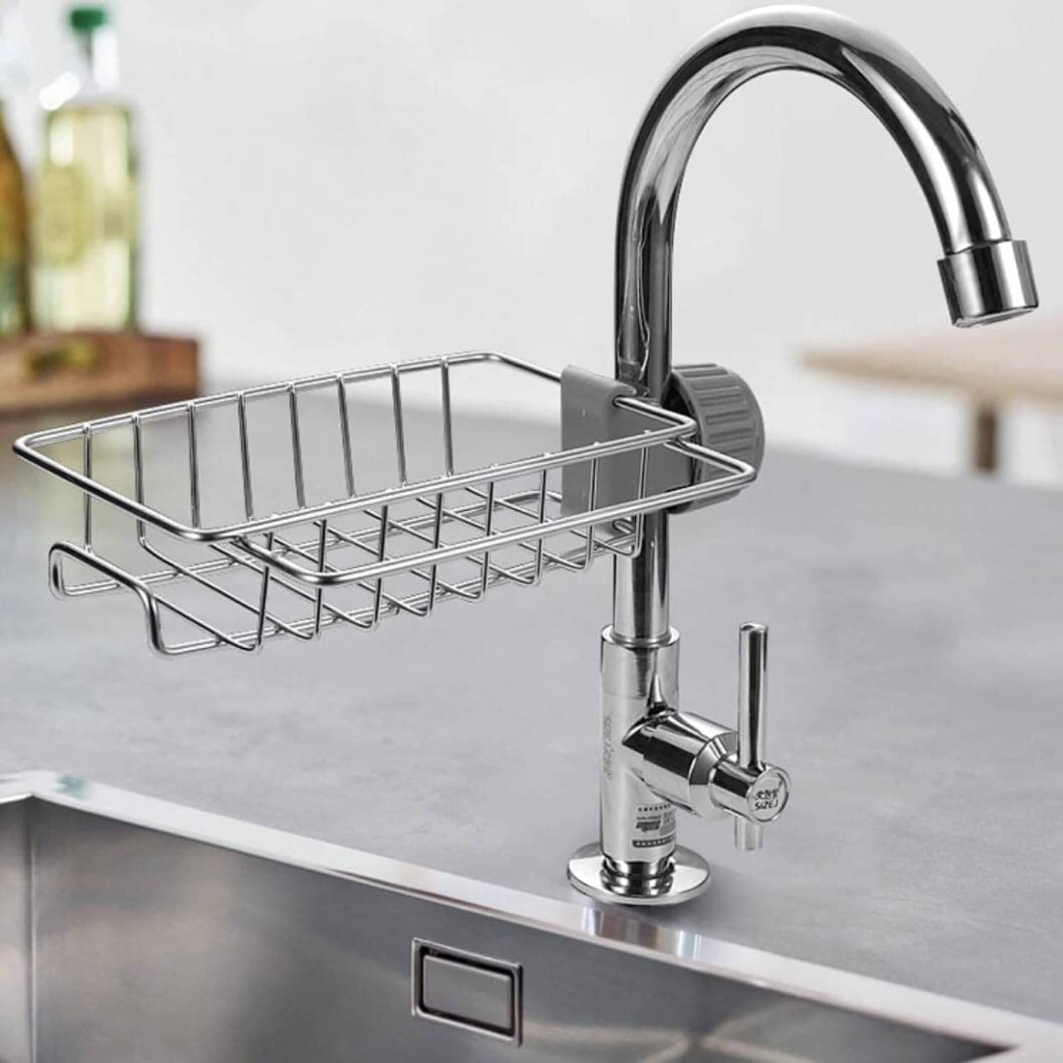     			SKYVILLA Sink Faucet Stand – Stainless Steel Sink Caddy Organizer – Adjustable Tap Stand with Drain Rack for Soap, Sponge, Dish & Kitchen Accessories – Sink Shelf, No Rust, Easy to Install