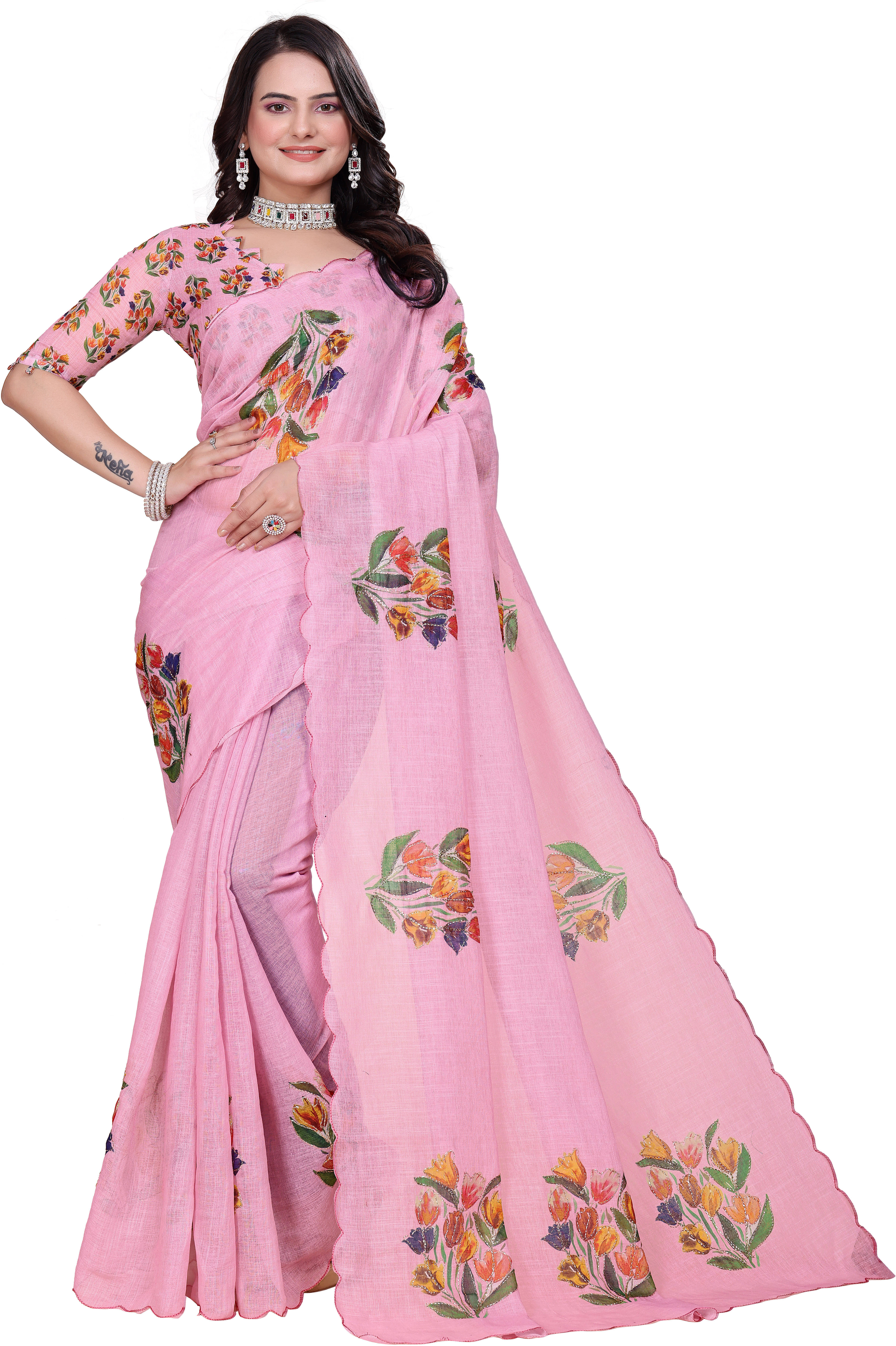     			Sadika Art Silk Printed Saree With Unstitched Blouse Piece ( Pink )