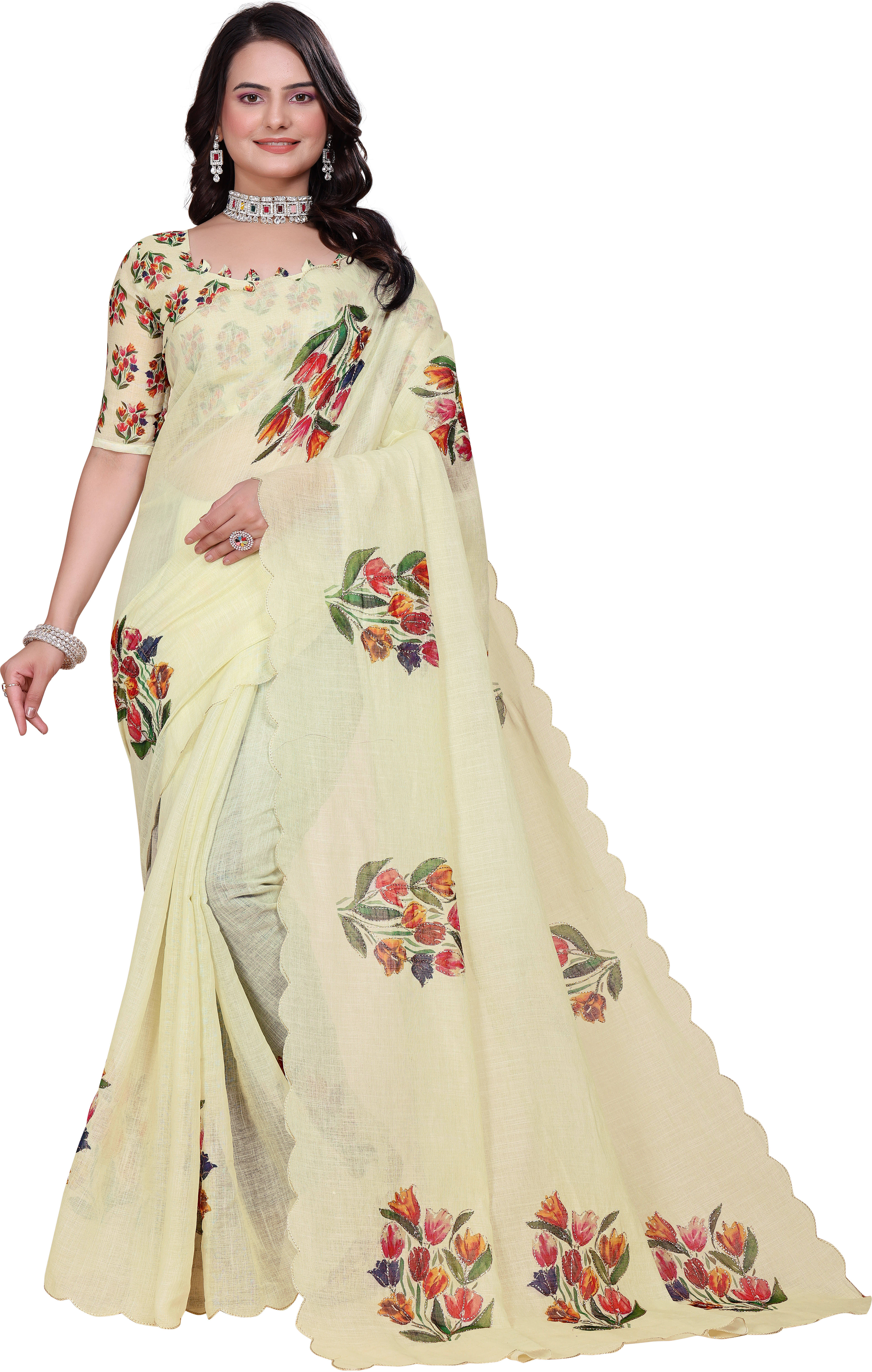     			Sadika Art Silk Printed Saree With Unstitched Blouse Piece ( Cream )