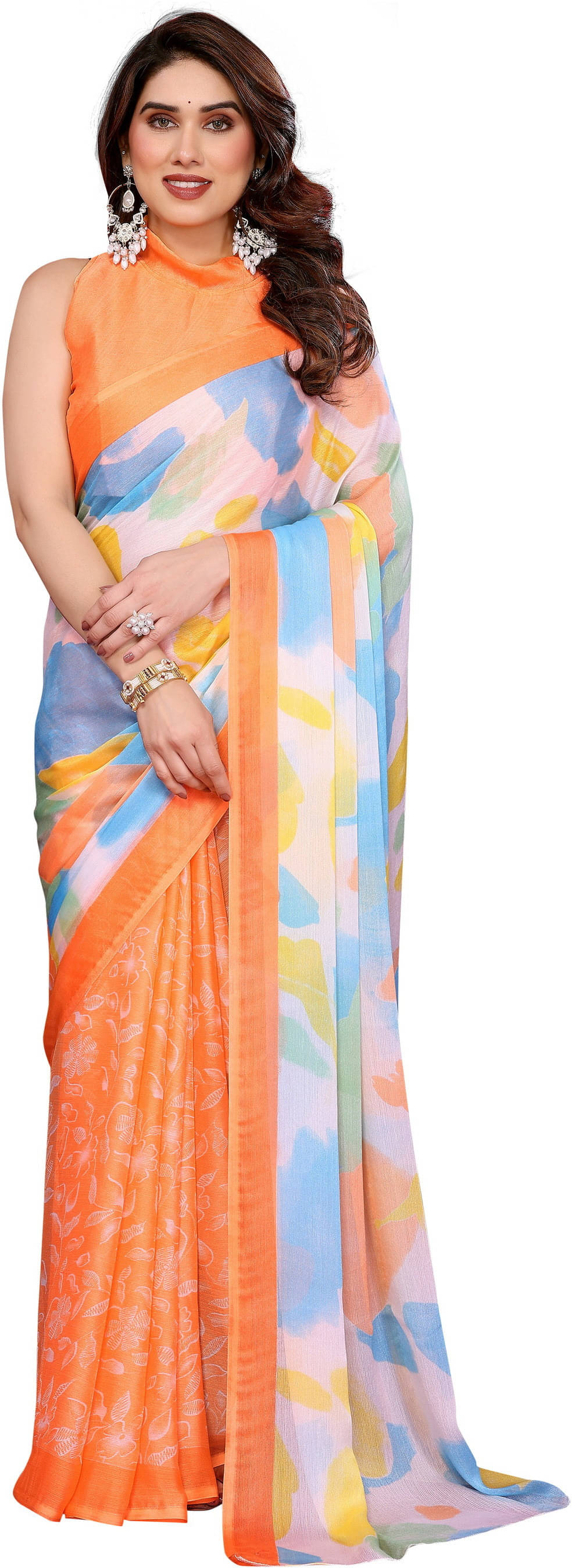     			Sadika Chiffon Colorblock Saree With Unstitched Blouse Piece ( Orange )