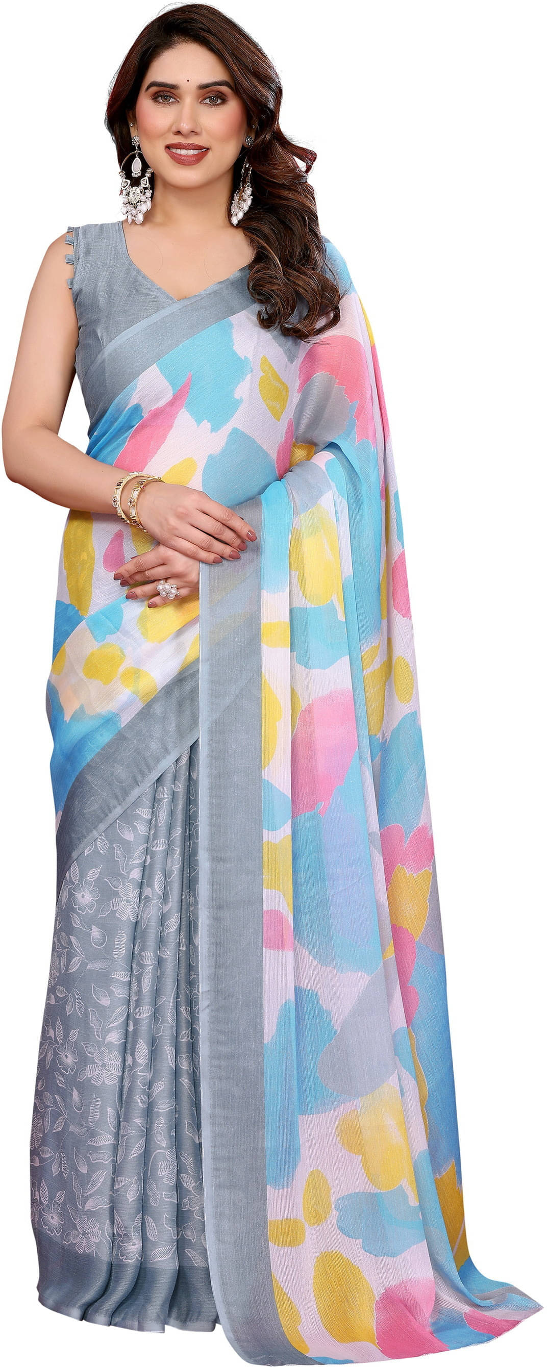 Sadika Chiffon Colorblock Saree With Unstitched Blouse Piece ( Grey ) Sadika Chiffon Colorblock Saree With Unstitched Blouse Piece ( Grey )