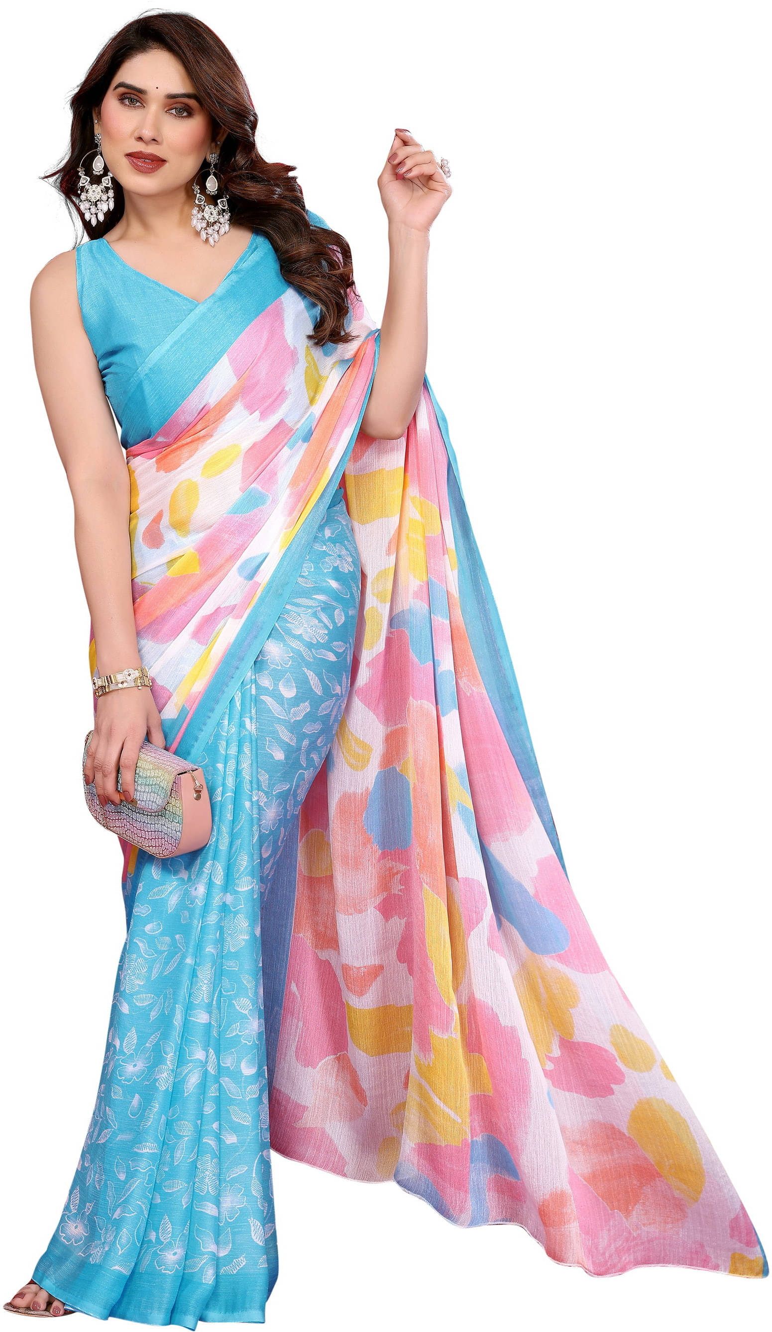     			Sadika Chiffon Colorblock Saree With Unstitched Blouse Piece ( Light Blue )