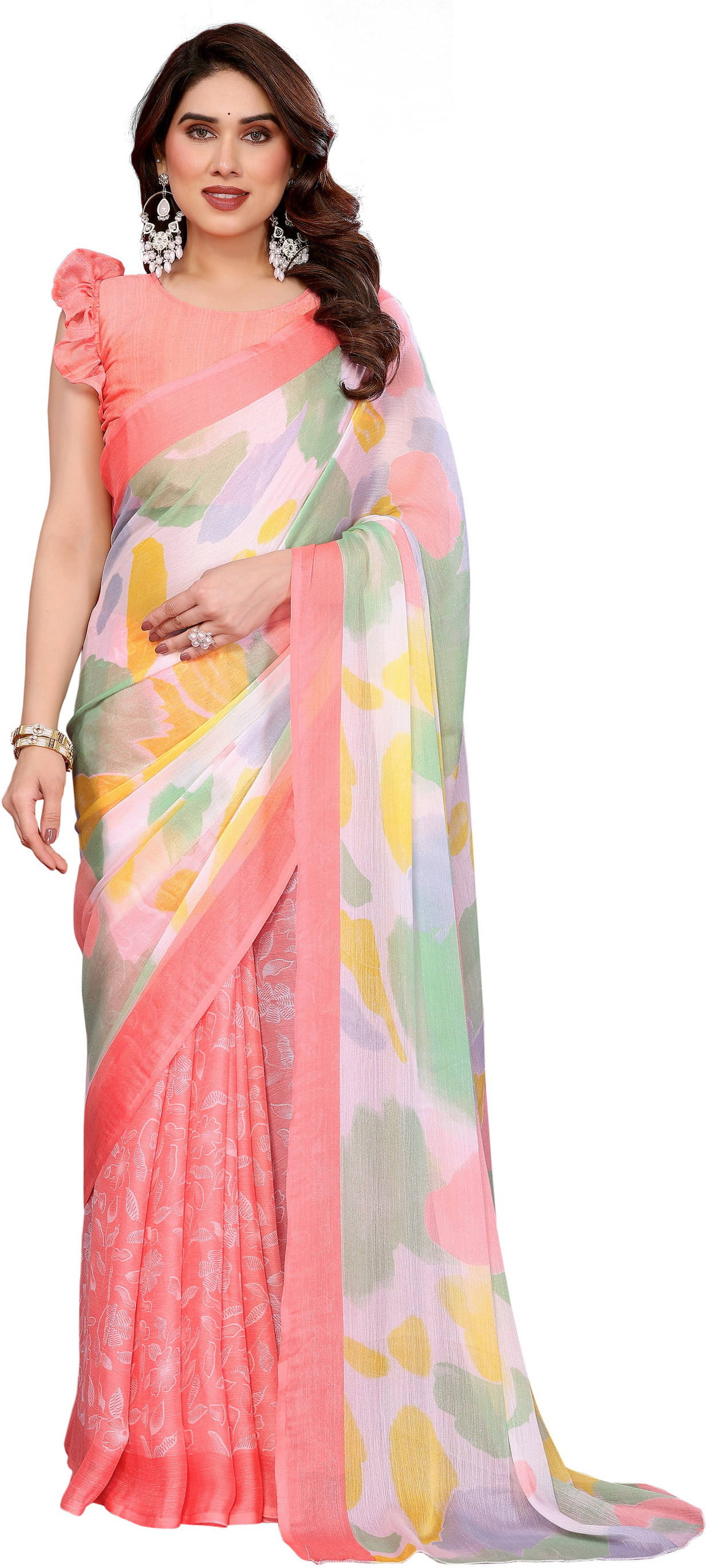     			Sadika Chiffon Colorblock Saree With Unstitched Blouse Piece ( Pink )