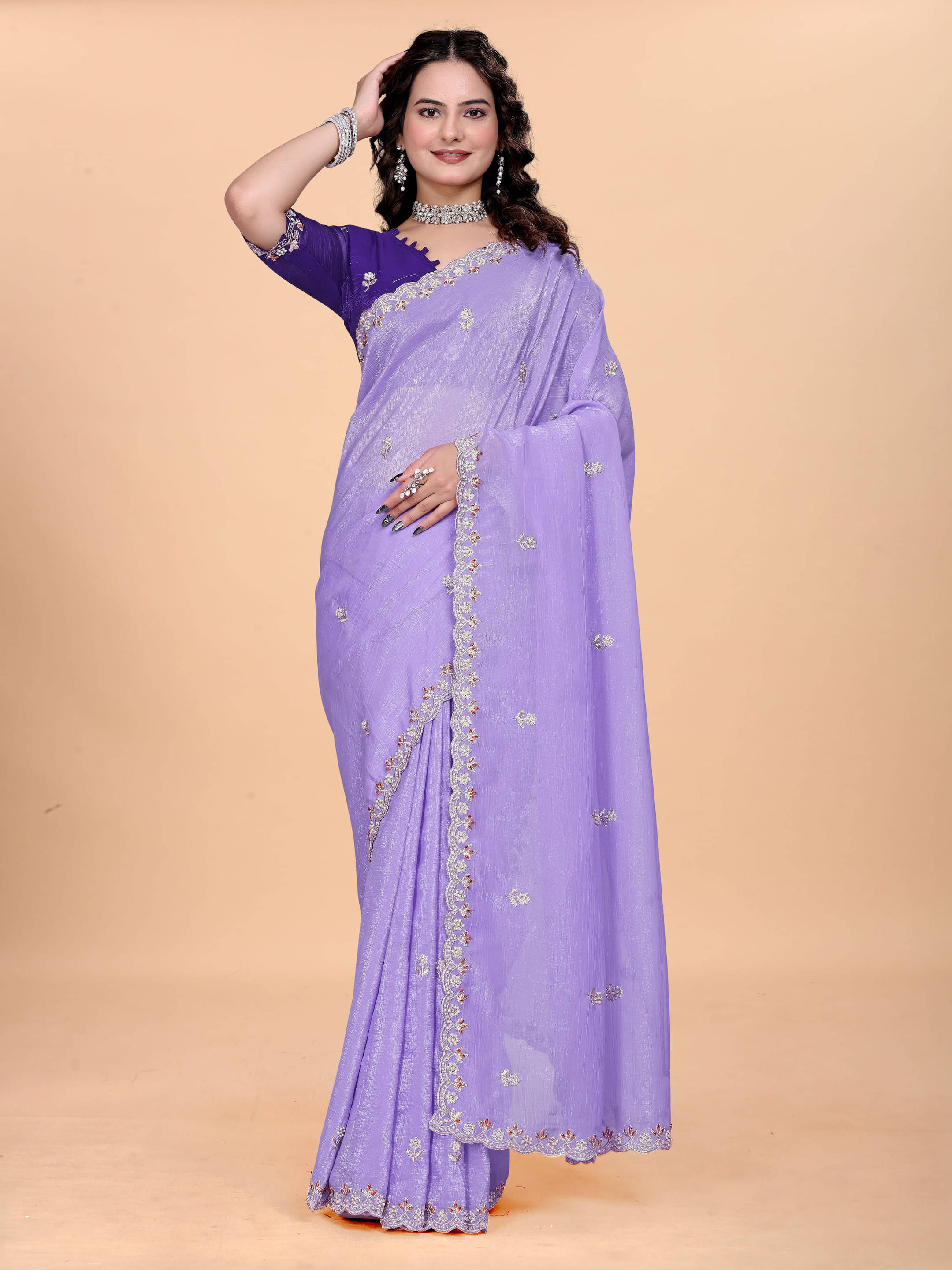 Sadika Chiffon Embellished Saree With Unstitched Blouse Piece ( Purple ) Sadika Chiffon Embellished Saree With Unstitched Blouse Piece ( Purple )