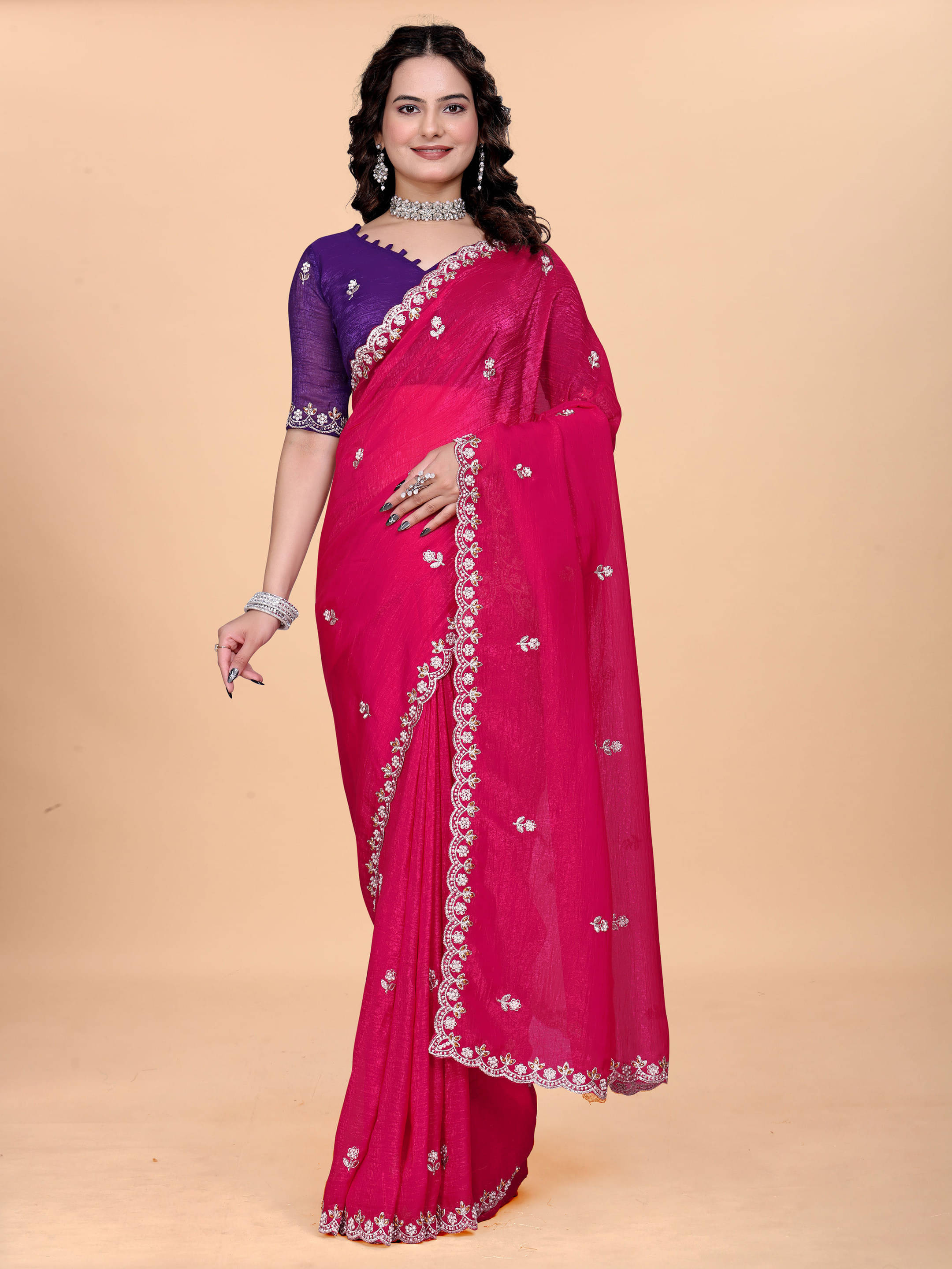 Sadika Chiffon Embellished Saree With Unstitched Blouse Piece ( Pink ) Sadika Chiffon Embellished Saree With Unstitched Blouse Piece ( Pink )