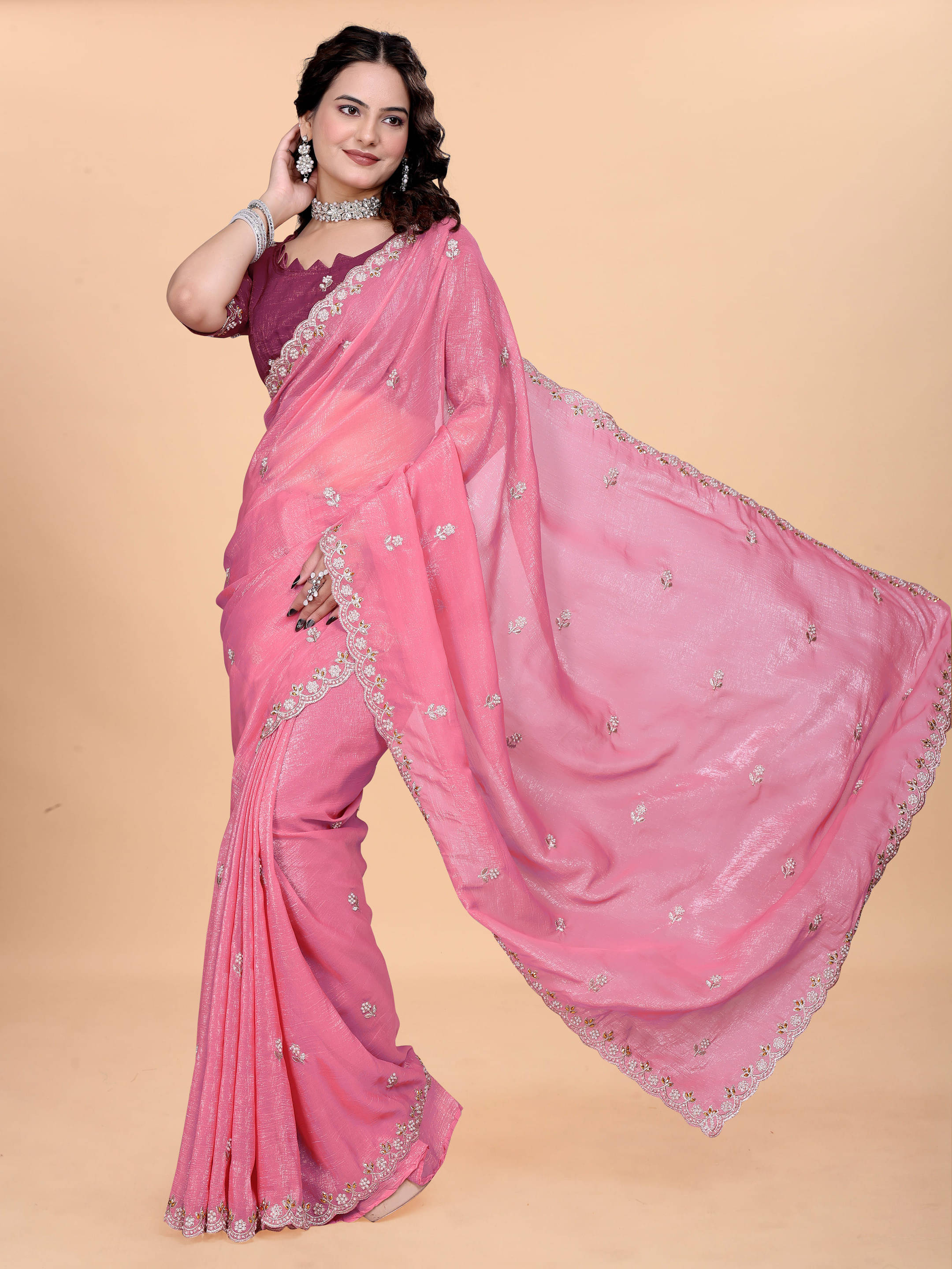     			Sadika Chiffon Embellished Saree With Unstitched Blouse Piece ( Pink )