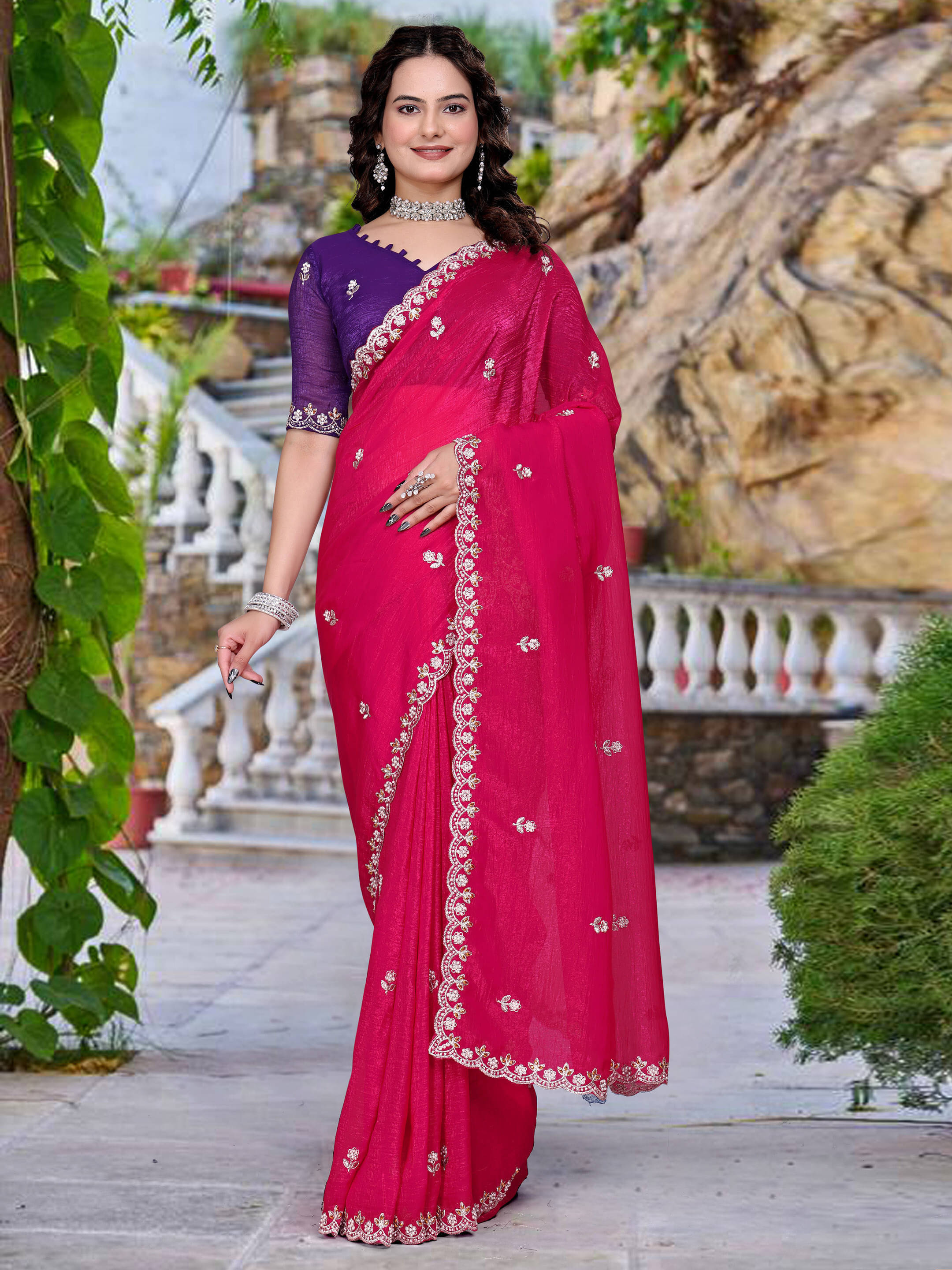 Sadika Chiffon Embellished Saree With Unstitched Blouse Piece ( Pink ) Sadika Chiffon Embellished Saree With Unstitched Blouse Piece ( Pink )