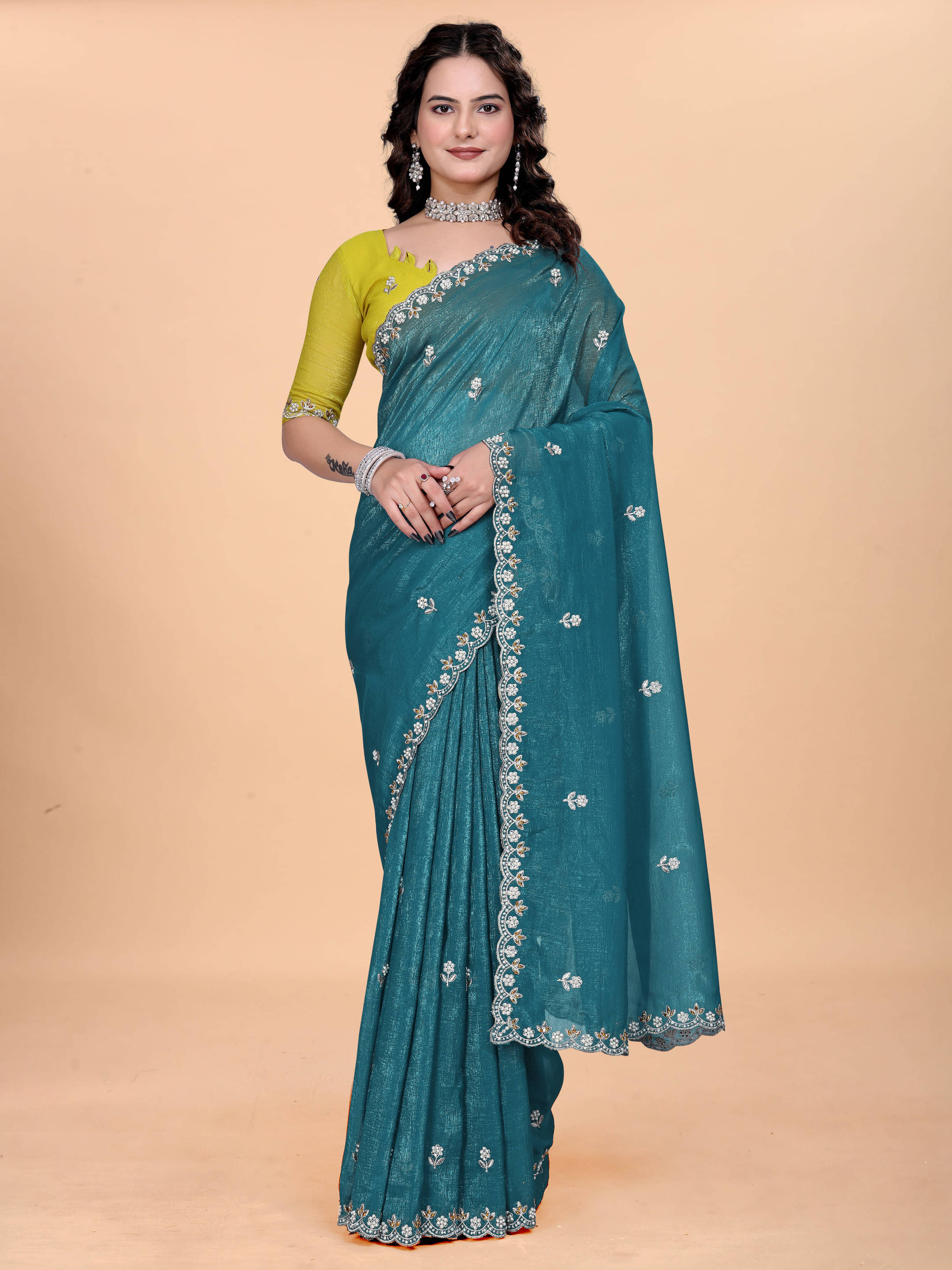 Sadika Chiffon Embellished Saree With Unstitched Blouse Piece ( Blue ) Sadika Chiffon Embellished Saree With Unstitched Blouse Piece ( Blue )