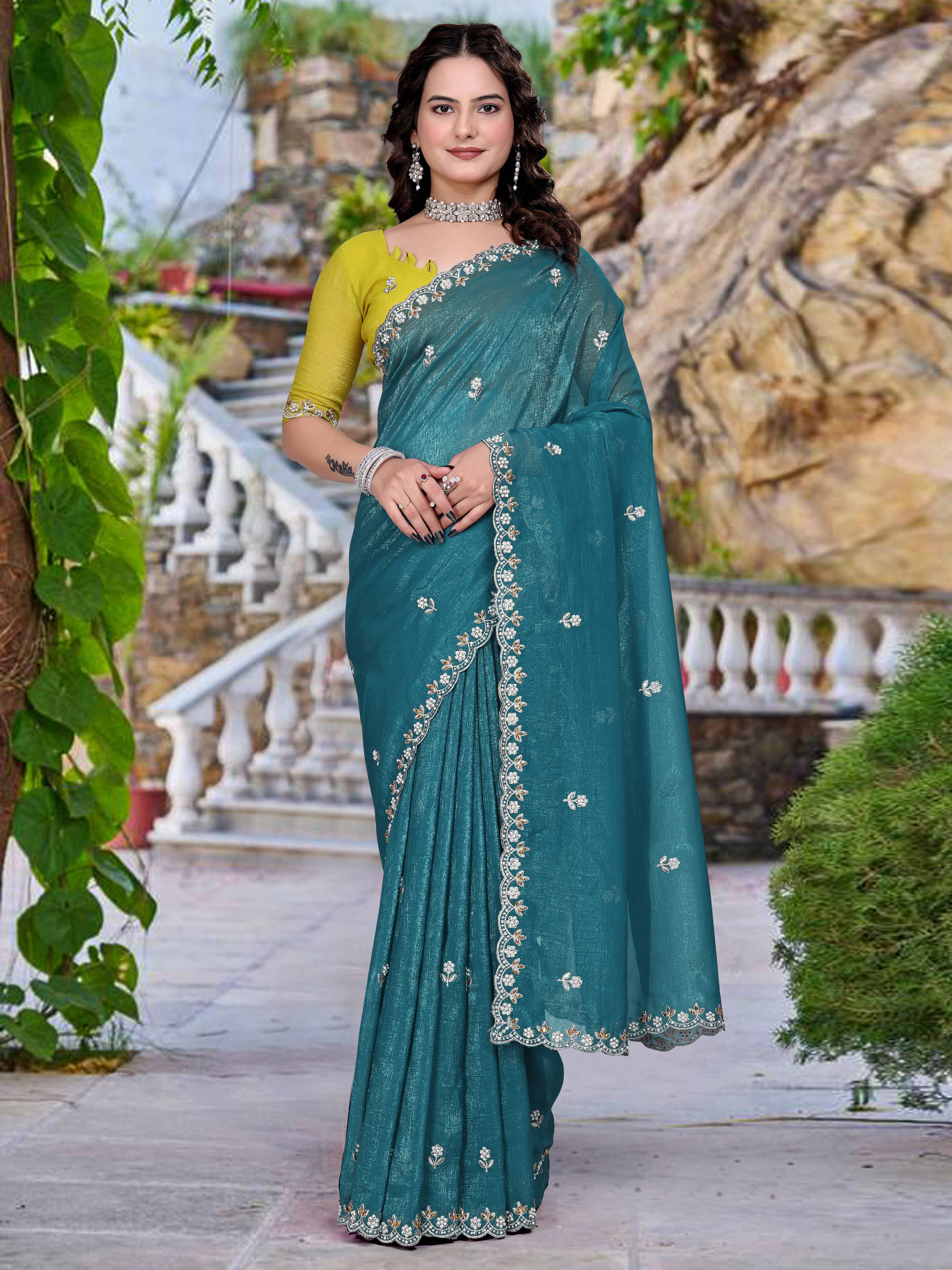 Sadika Chiffon Embellished Saree With Unstitched Blouse Piece ( Blue ) Sadika Chiffon Embellished Saree With Unstitched Blouse Piece ( Blue )