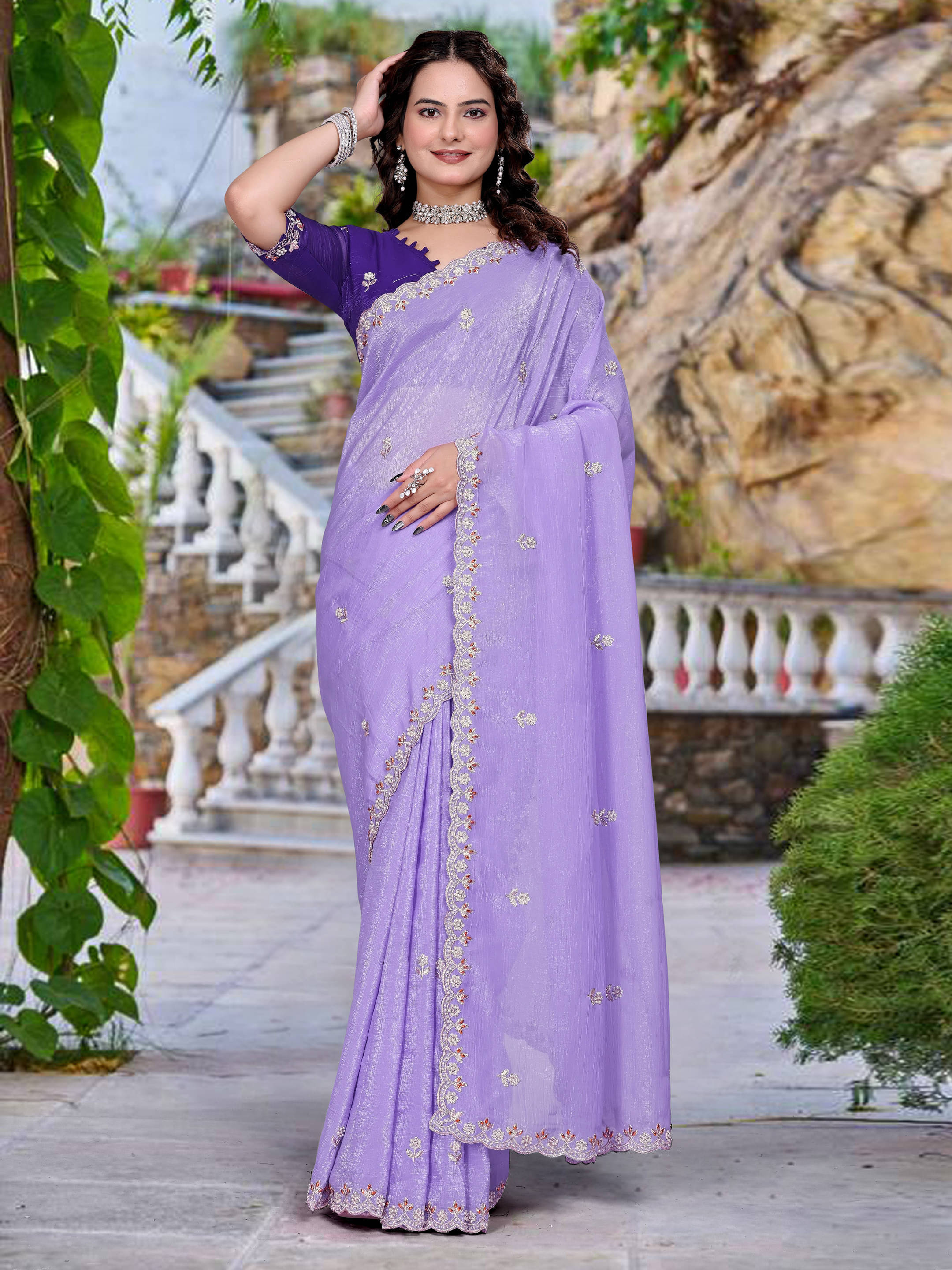 Sadika Chiffon Embellished Saree With Unstitched Blouse Piece ( Purple ) Sadika Chiffon Embellished Saree With Unstitched Blouse Piece ( Purple )