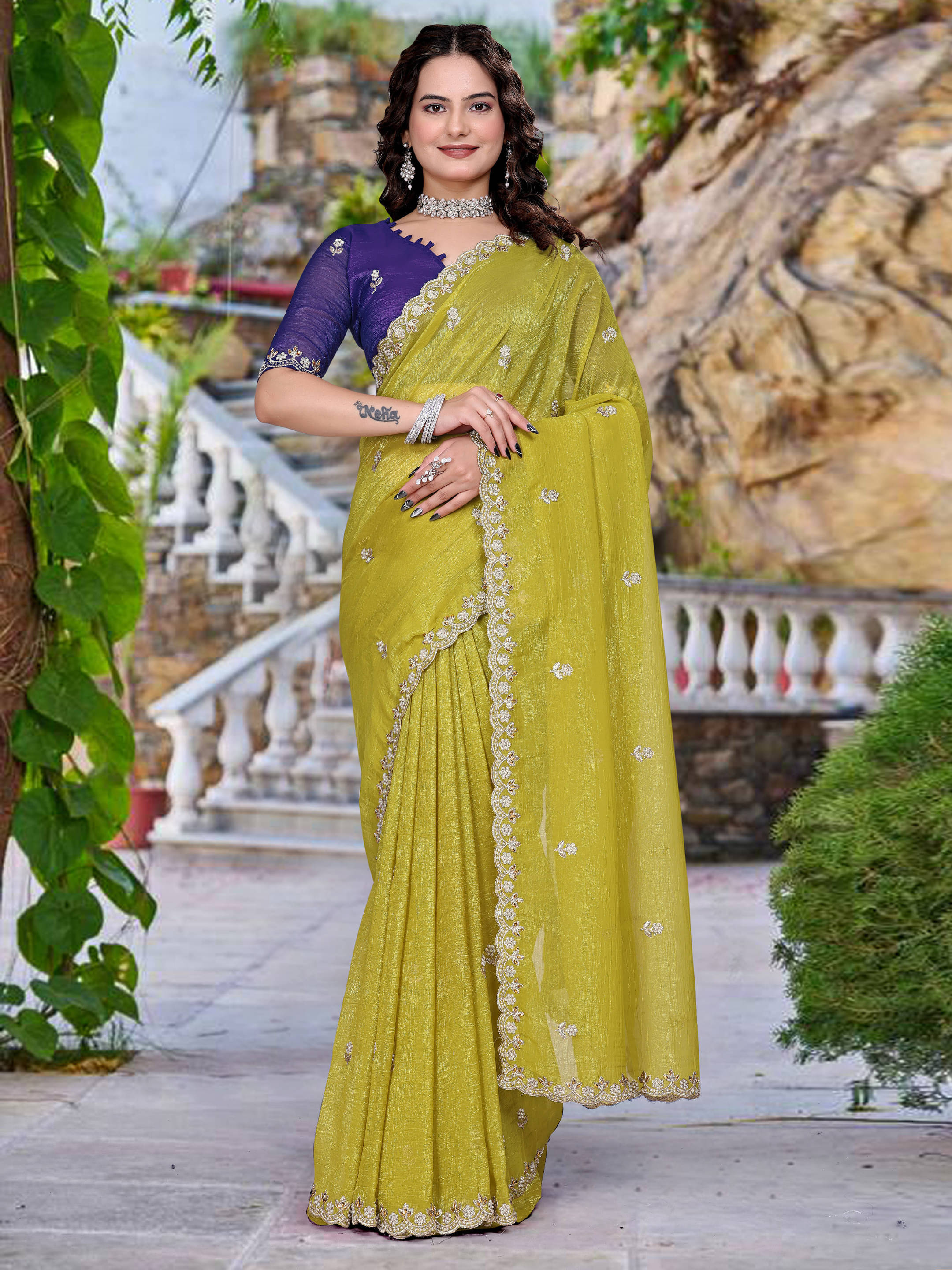 Sadika Chiffon Embellished Saree With Unstitched Blouse Piece ( Yellow ) Sadika Chiffon Embellished Saree With Unstitched Blouse Piece ( Yellow )