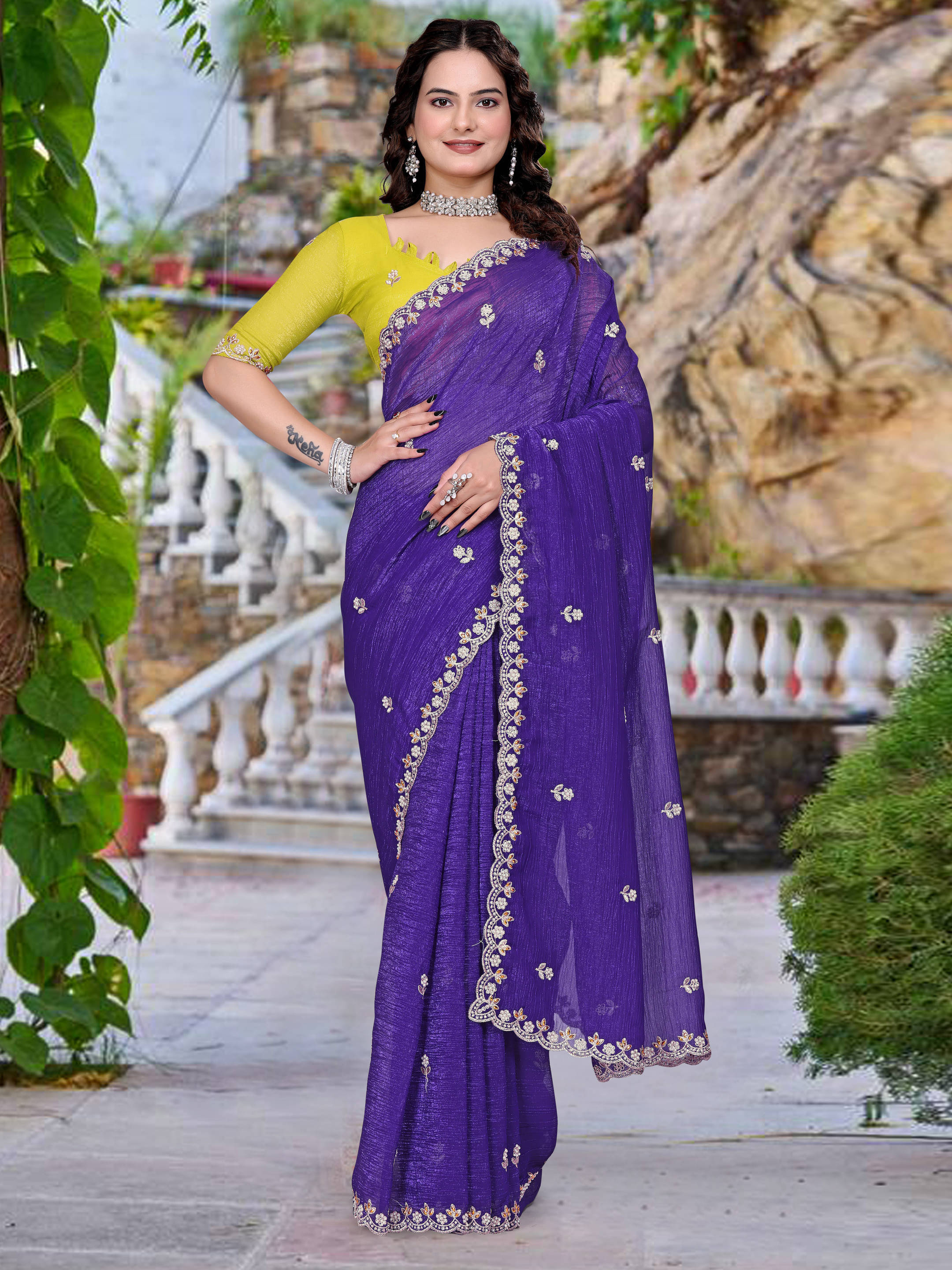 Sadika Chiffon Embellished Saree With Unstitched Blouse Piece ( Multicolor ) Sadika Chiffon Embellished Saree With Unstitched Blouse Piece ( Multicolor )