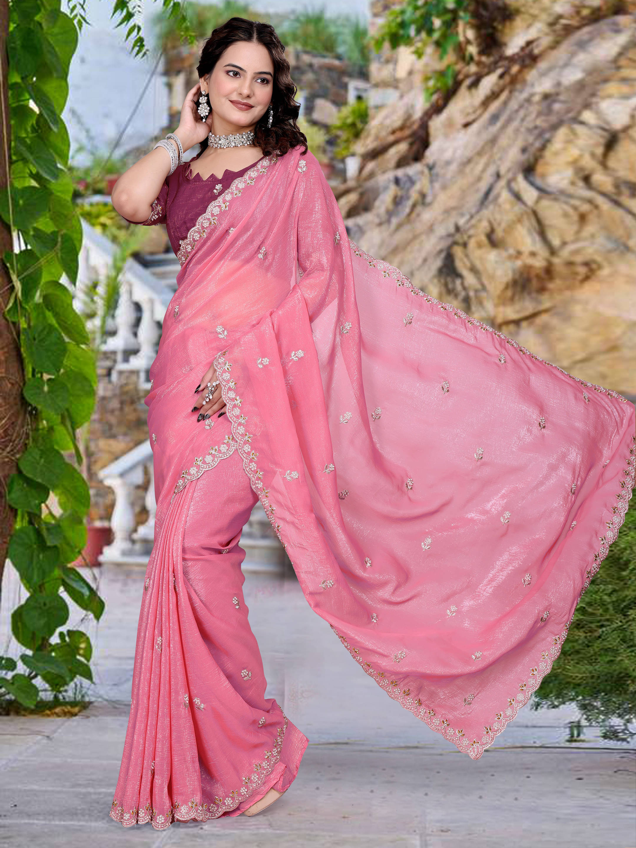     			Sadika Chiffon Embellished Saree With Unstitched Blouse Piece ( Pink )