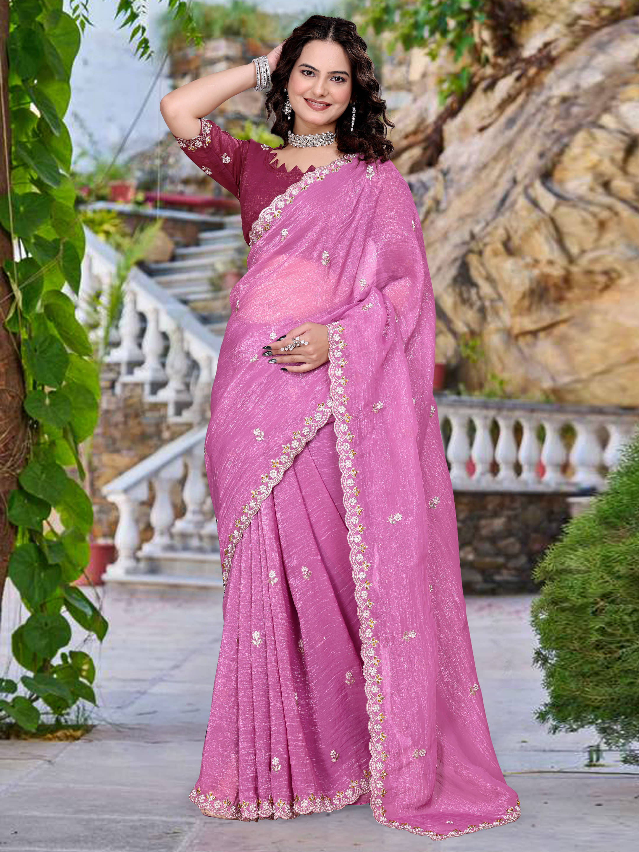 Sadika Chiffon Embellished Saree With Unstitched Blouse Piece ( Purple ) Sadika Chiffon Embellished Saree With Unstitched Blouse Piece ( Purple )