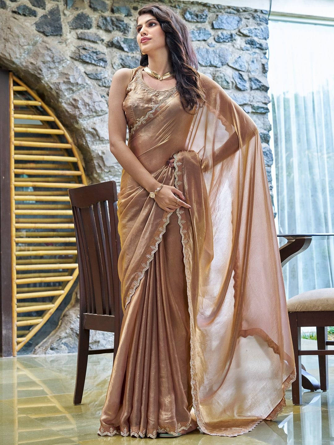     			Sadika Chiffon Embellished Saree With Unstitched Blouse Piece ( Gold )
