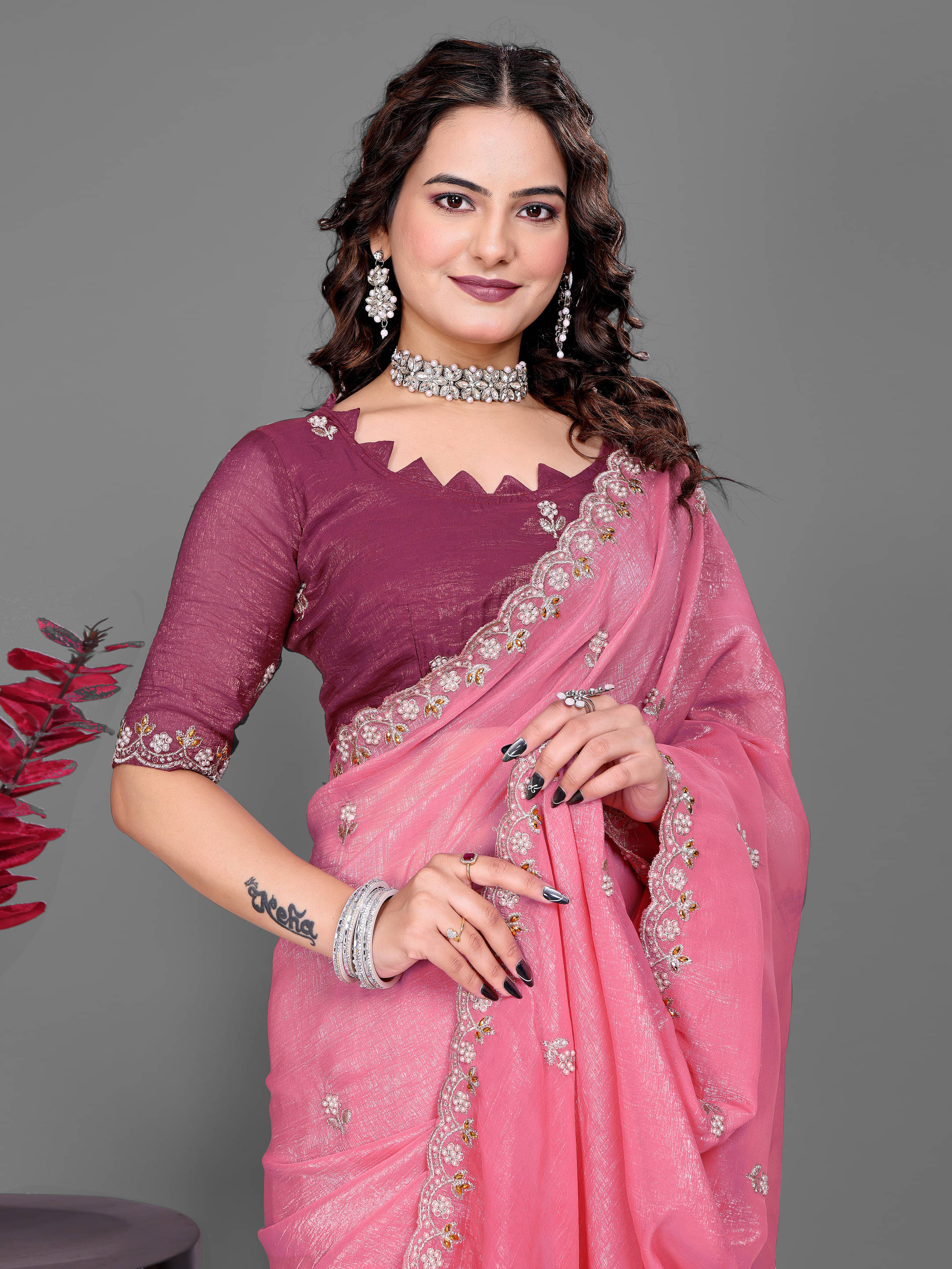 Sadika Chiffon Embroidered Saree With Unstitched Blouse Piece ( Pink ) Sadika Chiffon Embroidered Saree With Unstitched Blouse Piece ( Pink )