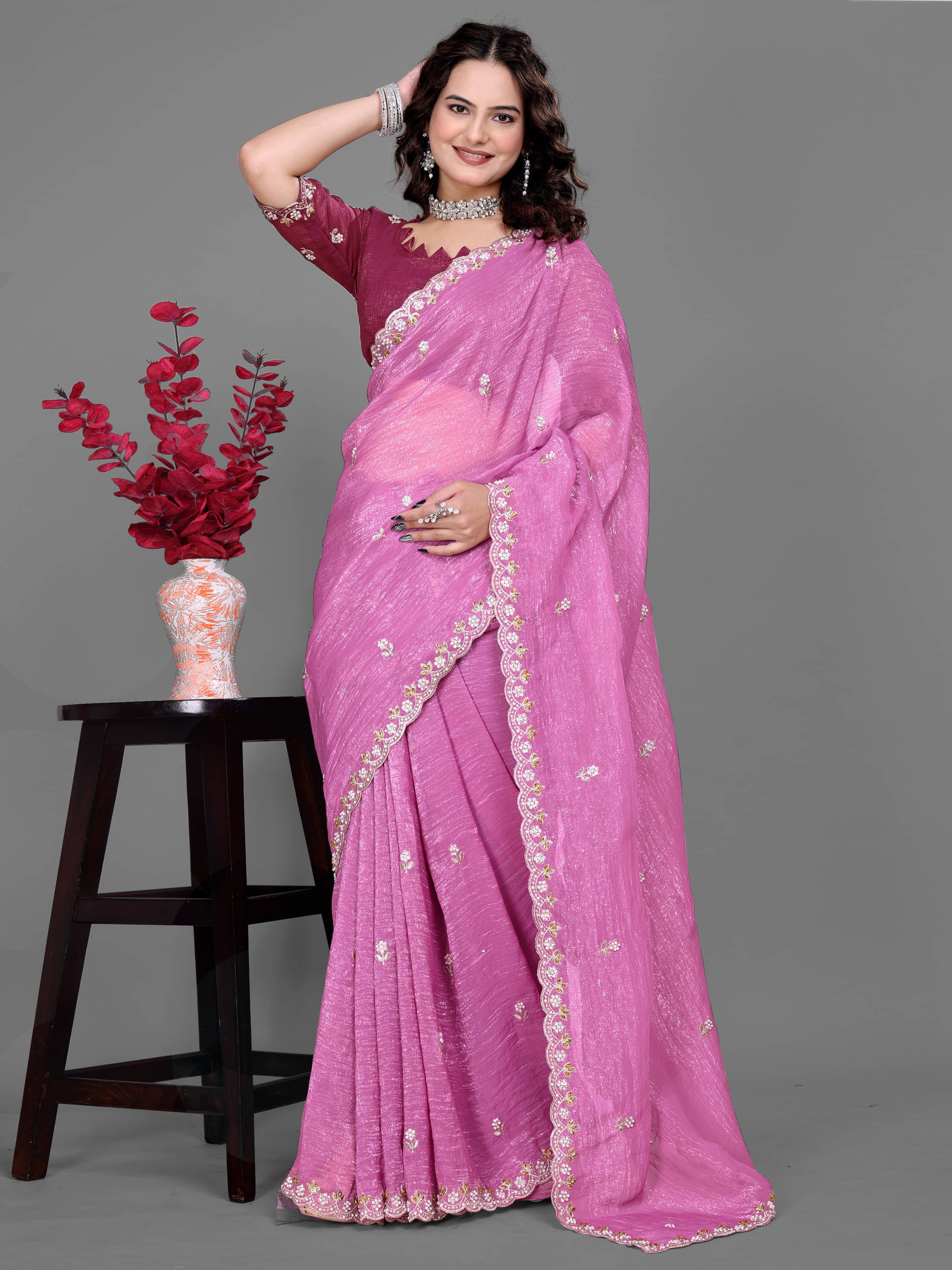 Sadika Chiffon Embroidered Saree With Unstitched Blouse Piece ( Purple ) Sadika Chiffon Embroidered Saree With Unstitched Blouse Piece ( Purple )