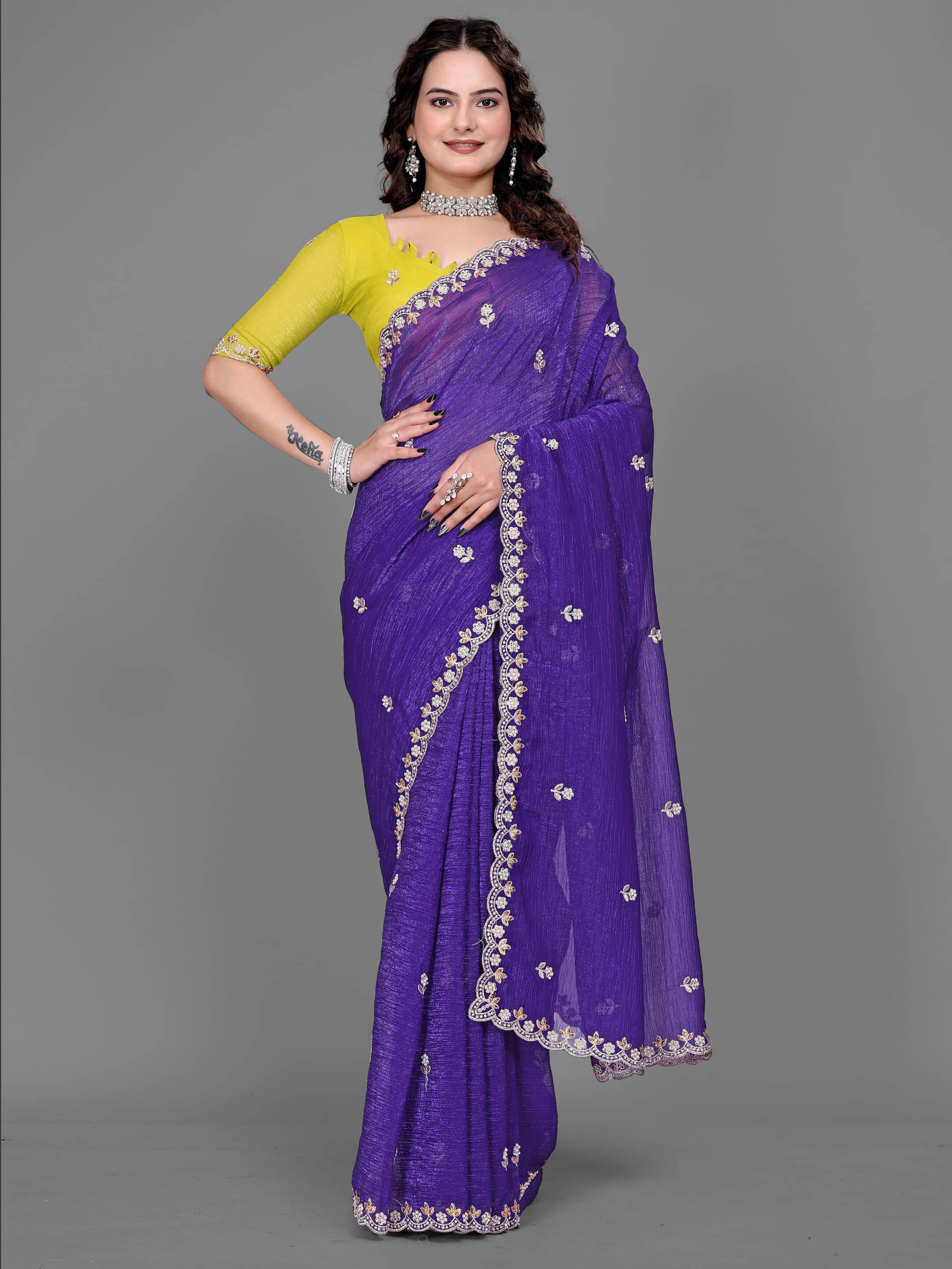 Sadika Chiffon Embroidered Saree With Unstitched Blouse Piece ( Purple ) Sadika Chiffon Embroidered Saree With Unstitched Blouse Piece ( Purple )