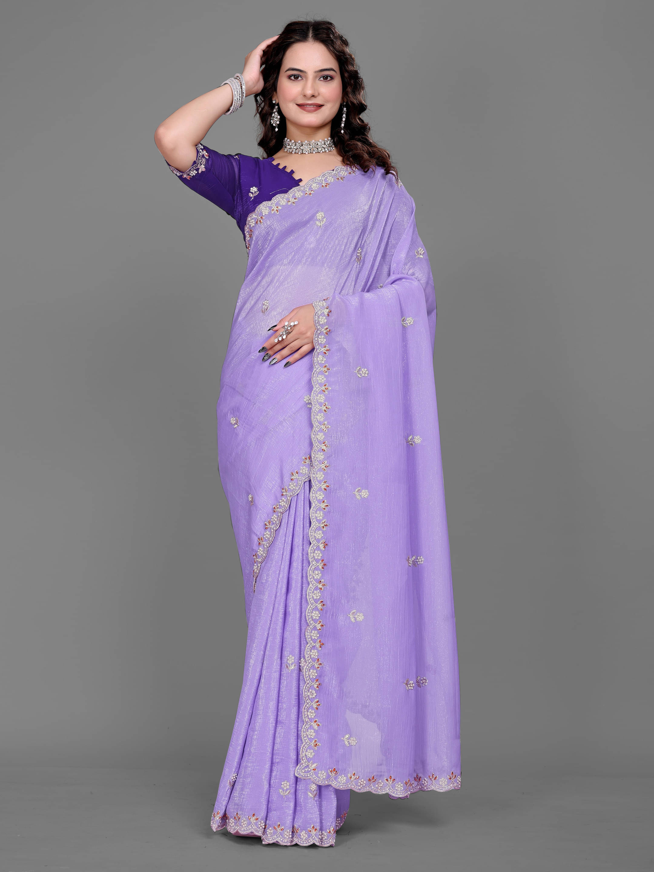 Sadika Chiffon Embroidered Saree With Unstitched Blouse Piece ( Purple ) Sadika Chiffon Embroidered Saree With Unstitched Blouse Piece ( Purple )