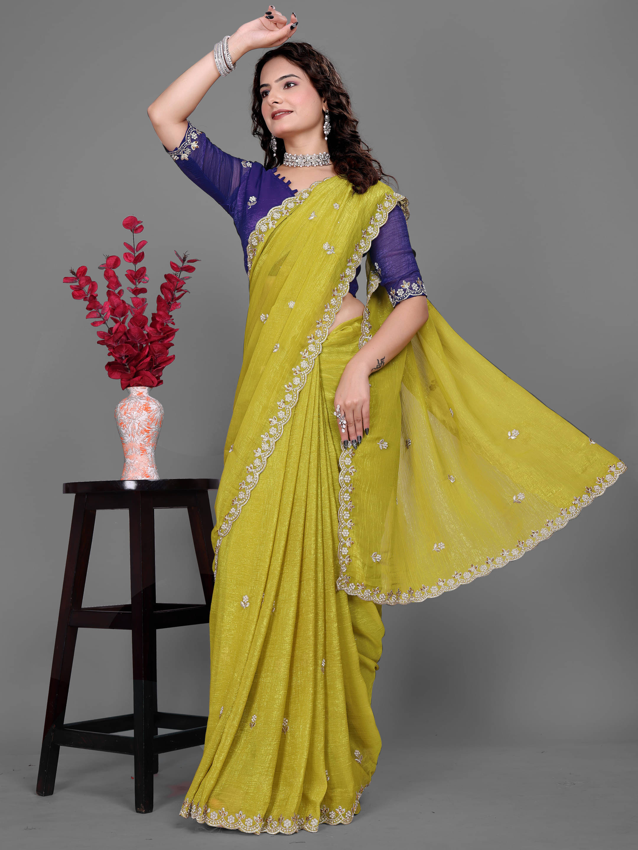 Sadika Chiffon Embroidered Saree With Unstitched Blouse Piece ( Yellow ) Sadika Chiffon Embroidered Saree With Unstitched Blouse Piece ( Yellow )