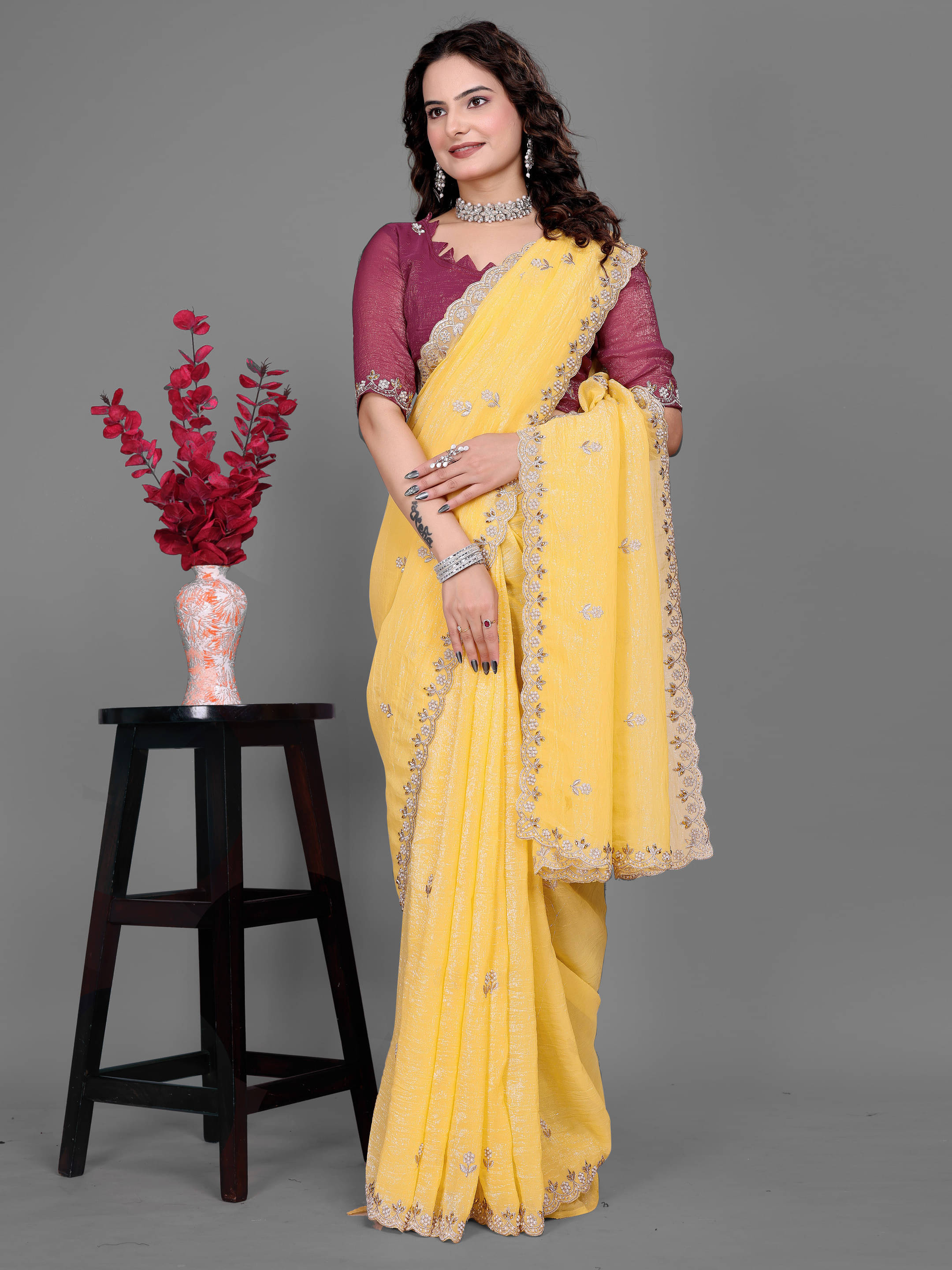 Sadika Chiffon Embroidered Saree With Unstitched Blouse Piece ( Beige ) Sadika Chiffon Embroidered Saree With Unstitched Blouse Piece ( Beige )