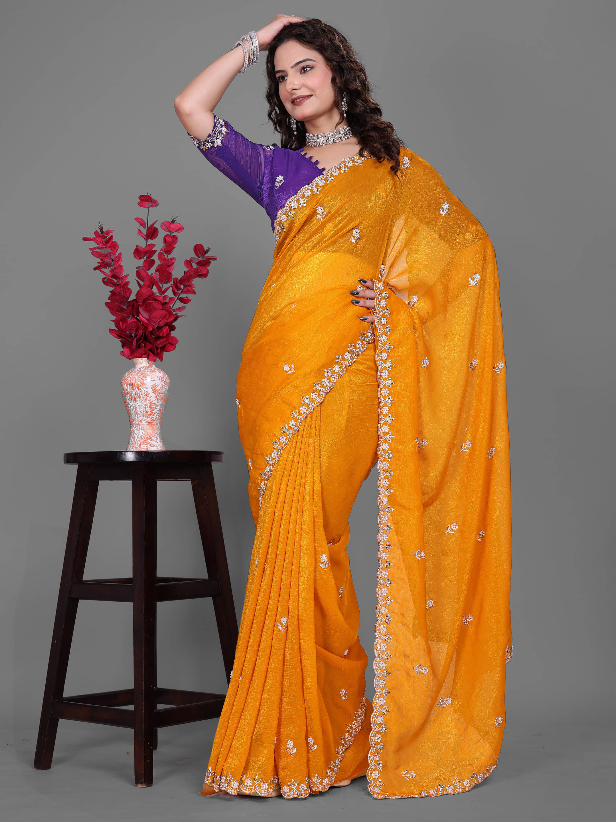     			Sadika Chiffon Embroidered Saree With Unstitched Blouse Piece ( Mustard )