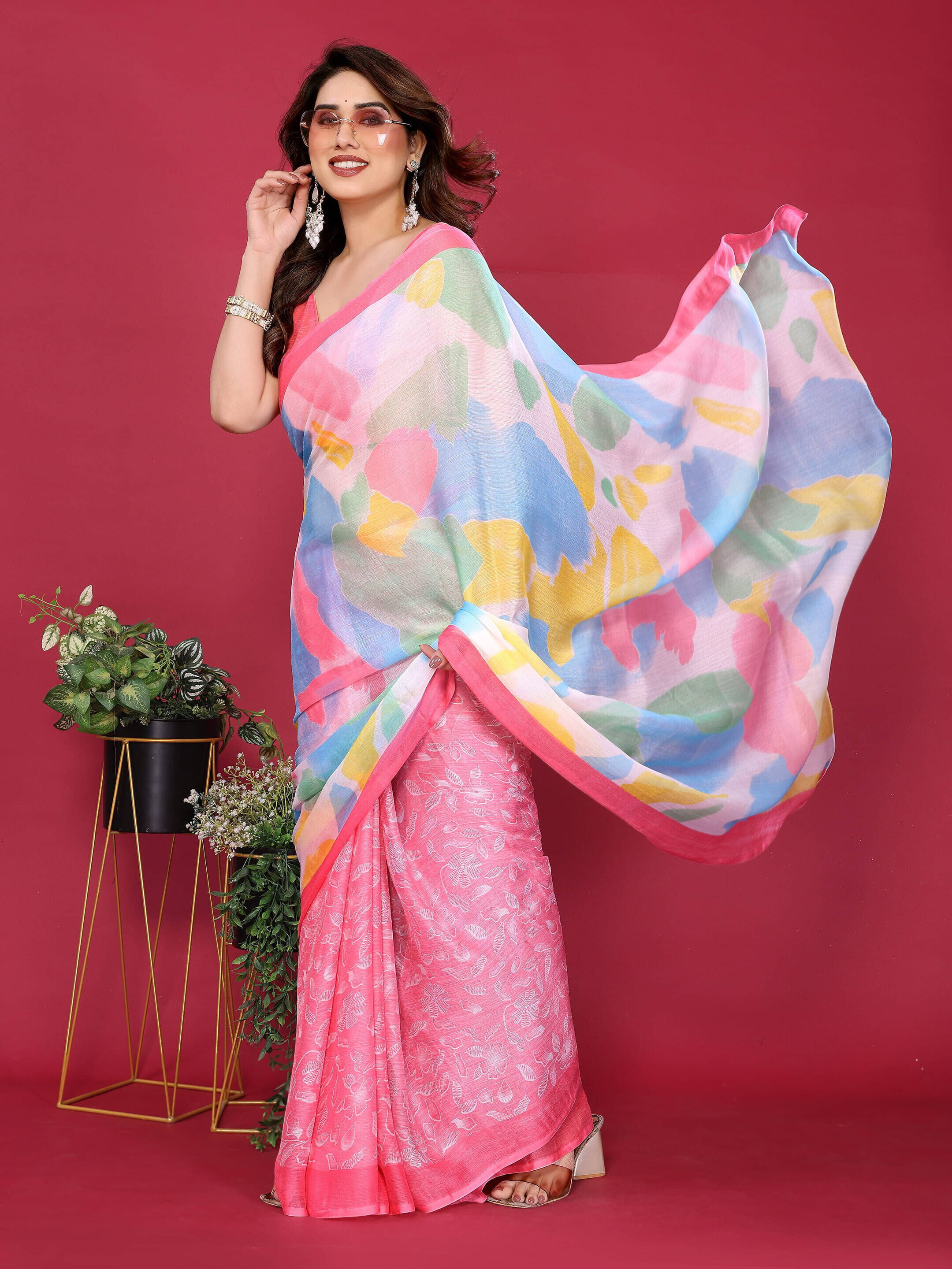     			Sadika Chiffon Printed Saree With Unstitched Blouse Piece ( Pink )