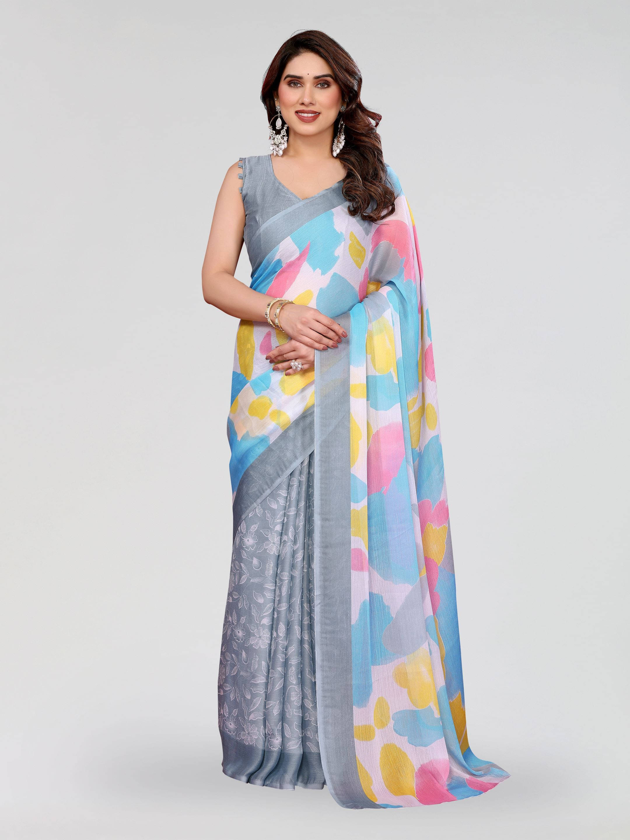 Sadika Chiffon Printed Saree With Unstitched Blouse Piece ( Grey ) Sadika Chiffon Printed Saree With Unstitched Blouse Piece ( Grey )
