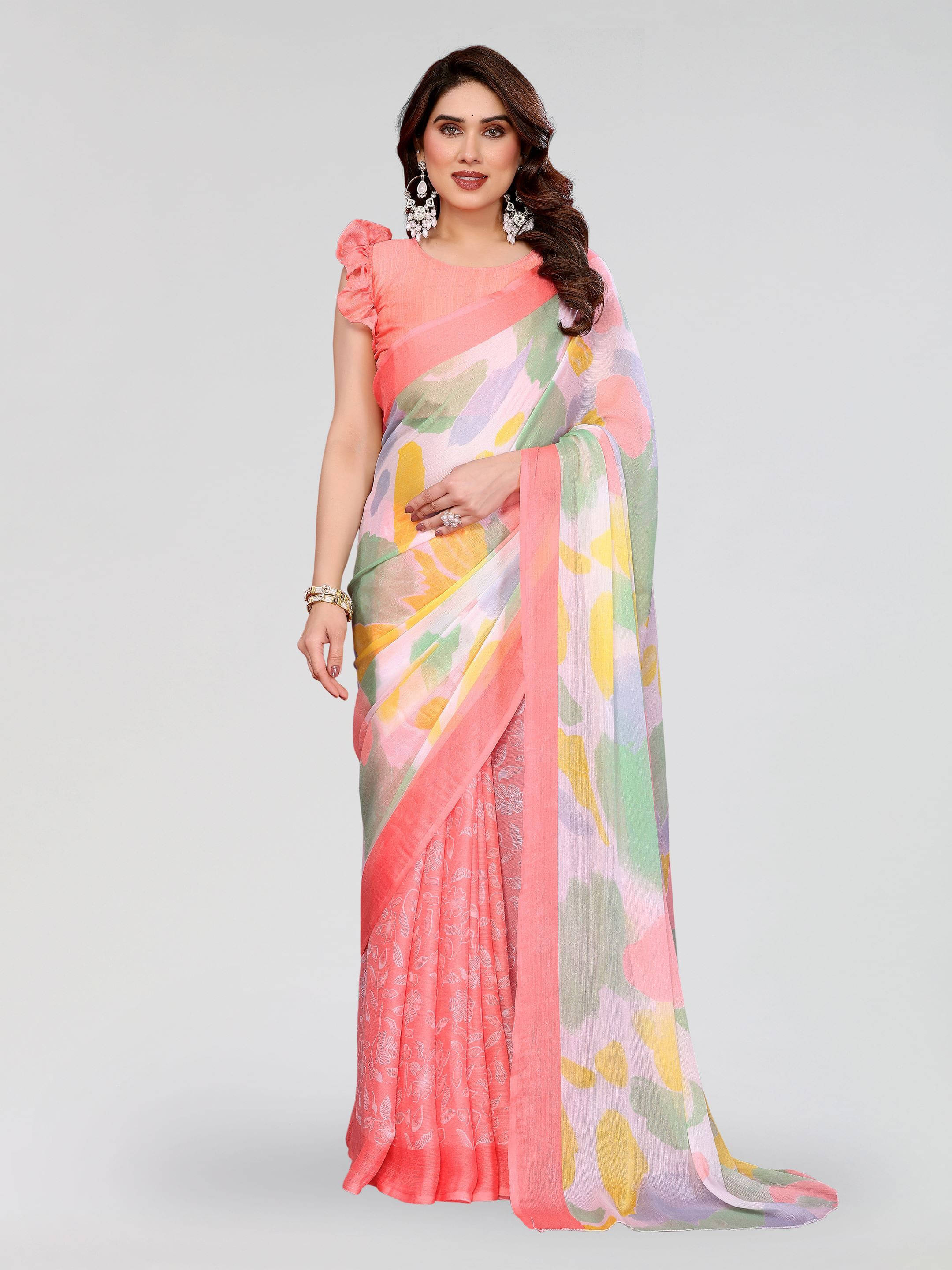 Sadika Chiffon Printed Saree With Unstitched Blouse Piece ( Pink ) Sadika Chiffon Printed Saree With Unstitched Blouse Piece ( Pink )