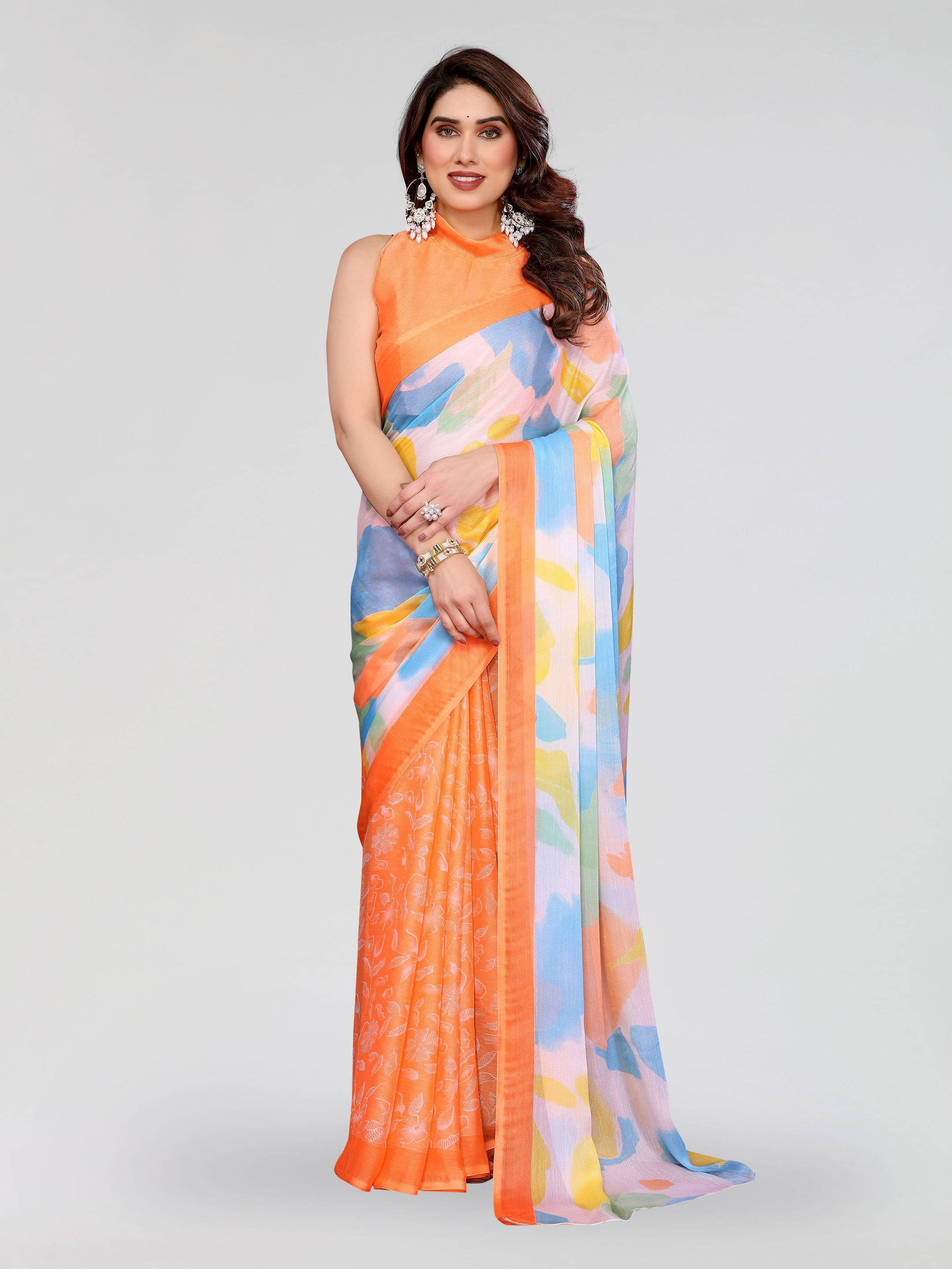     			Sadika Chiffon Printed Saree With Unstitched Blouse Piece ( Orange )
