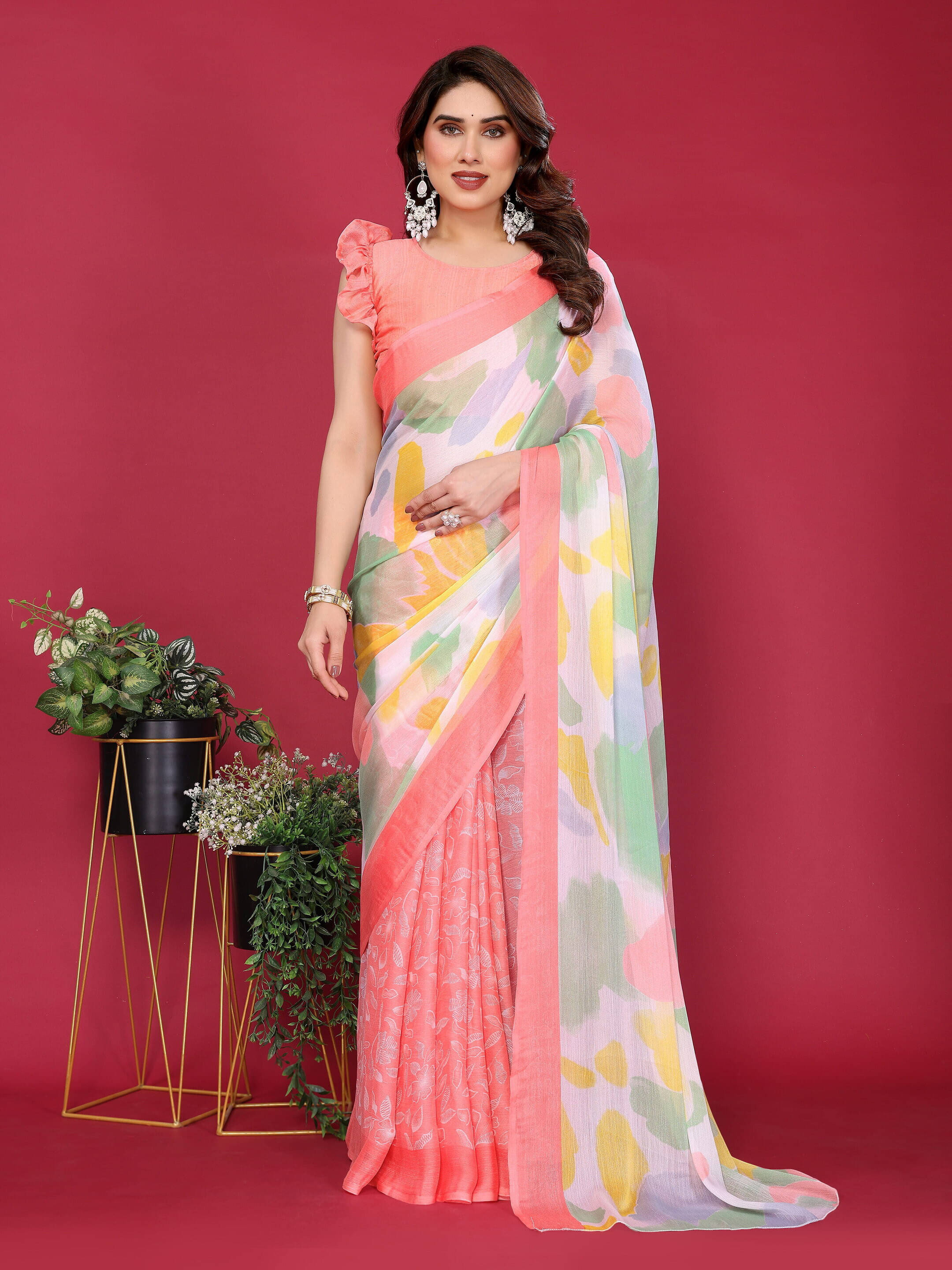 Sadika Chiffon Printed Saree With Unstitched Blouse Piece ( Pink ) Sadika Chiffon Printed Saree With Unstitched Blouse Piece ( Pink )