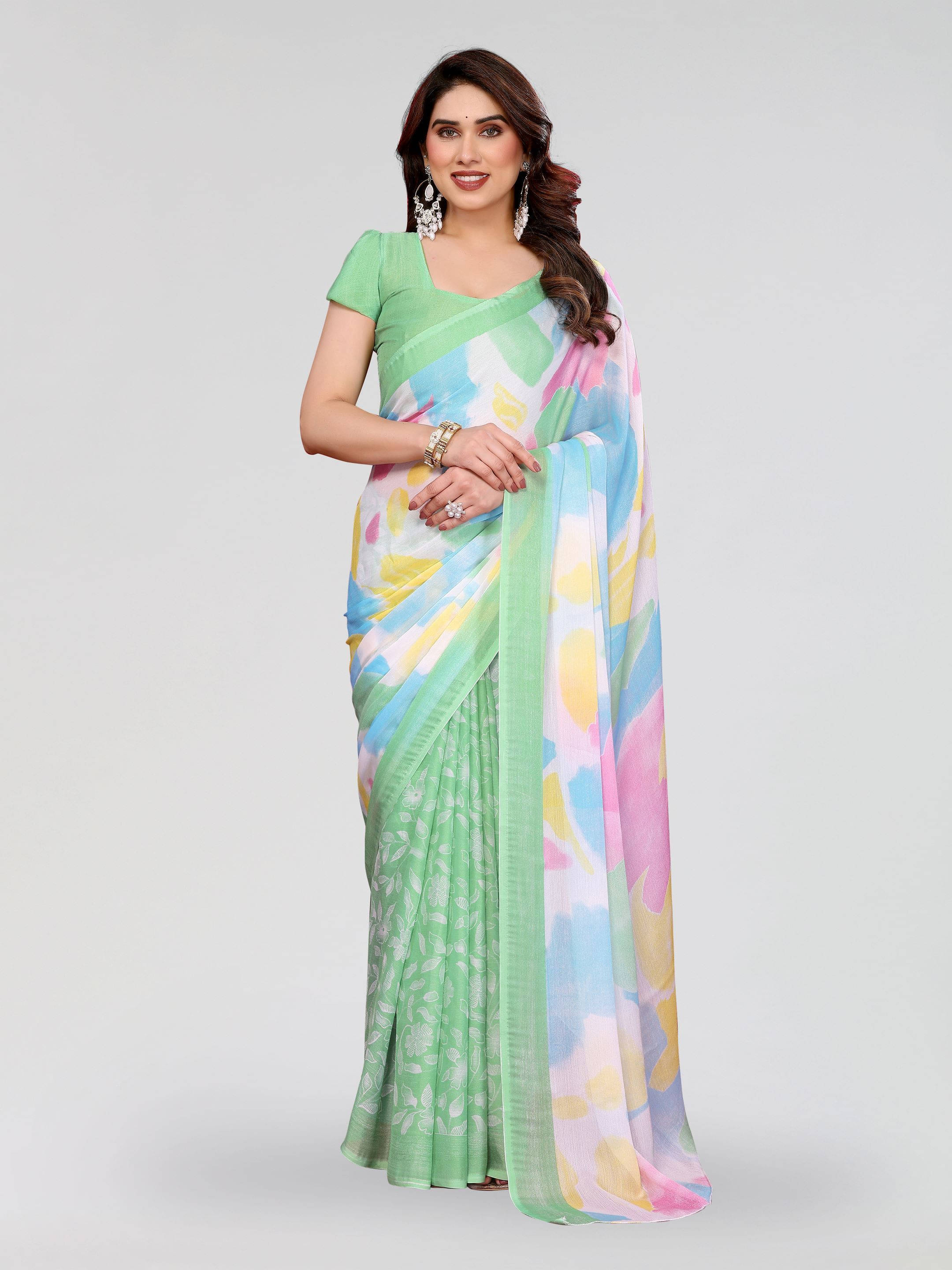 Sadika Chiffon Printed Saree With Unstitched Blouse Piece ( Light Green ) Sadika Chiffon Printed Saree With Unstitched Blouse Piece ( Light Green )