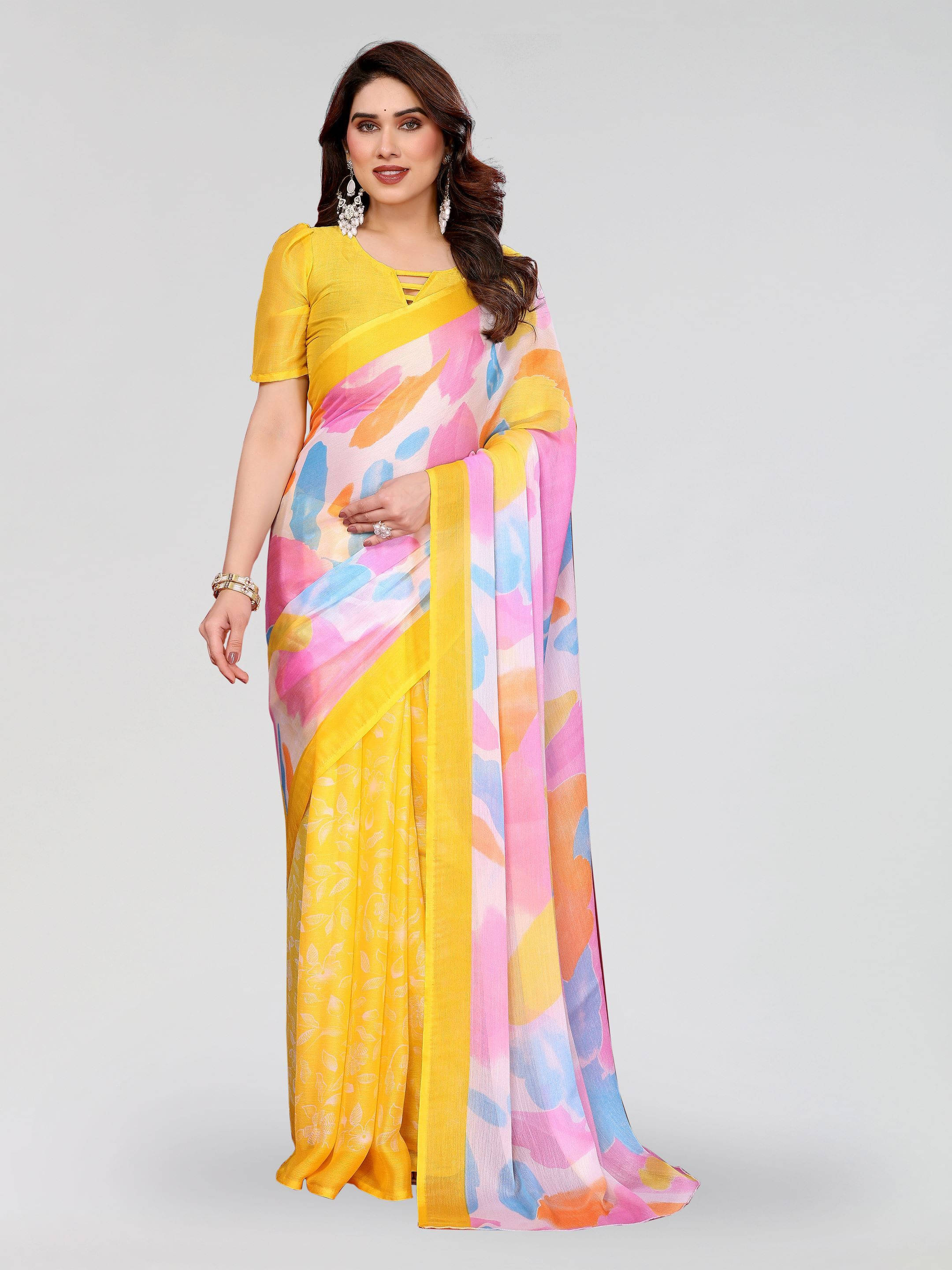     			Sadika Chiffon Printed Saree With Unstitched Blouse Piece ( Yellow )