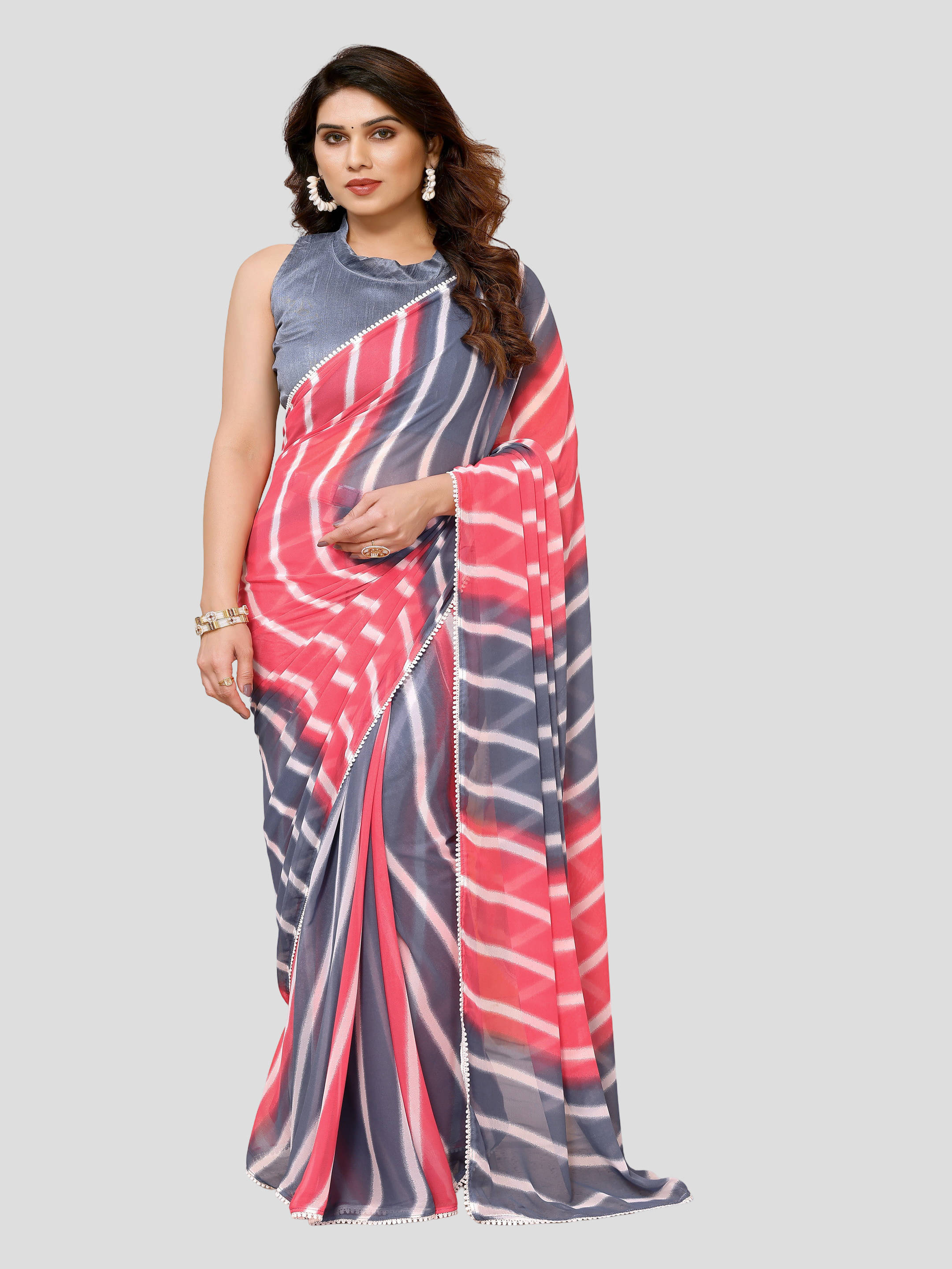     			Sadika Georgette Colorblock Saree With Unstitched Blouse Piece ( Pink )