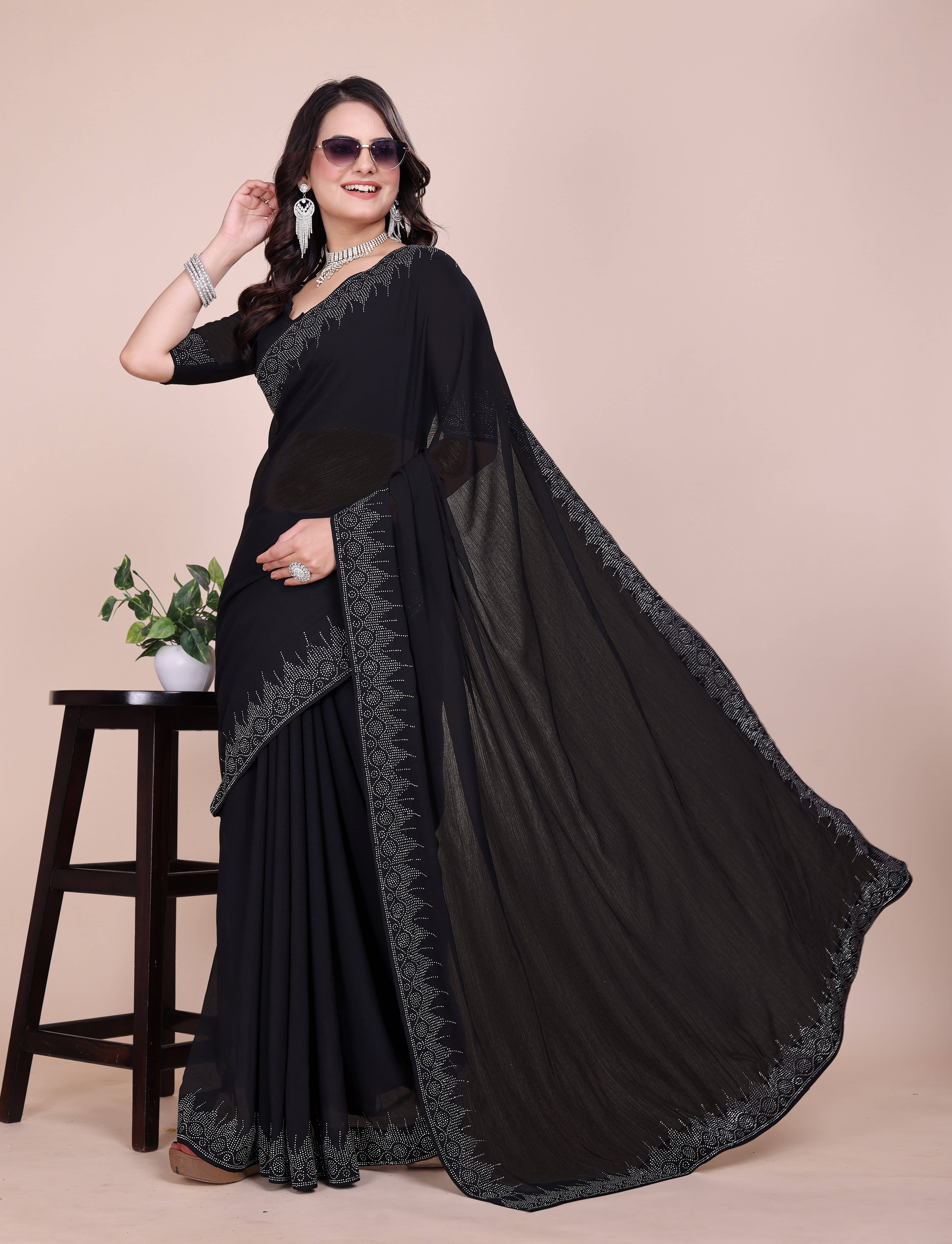 Sadika Georgette Embellished Saree With Unstitched Blouse Piece ( Black ) Sadika Georgette Embellished Saree With Unstitched Blouse Piece ( Black )