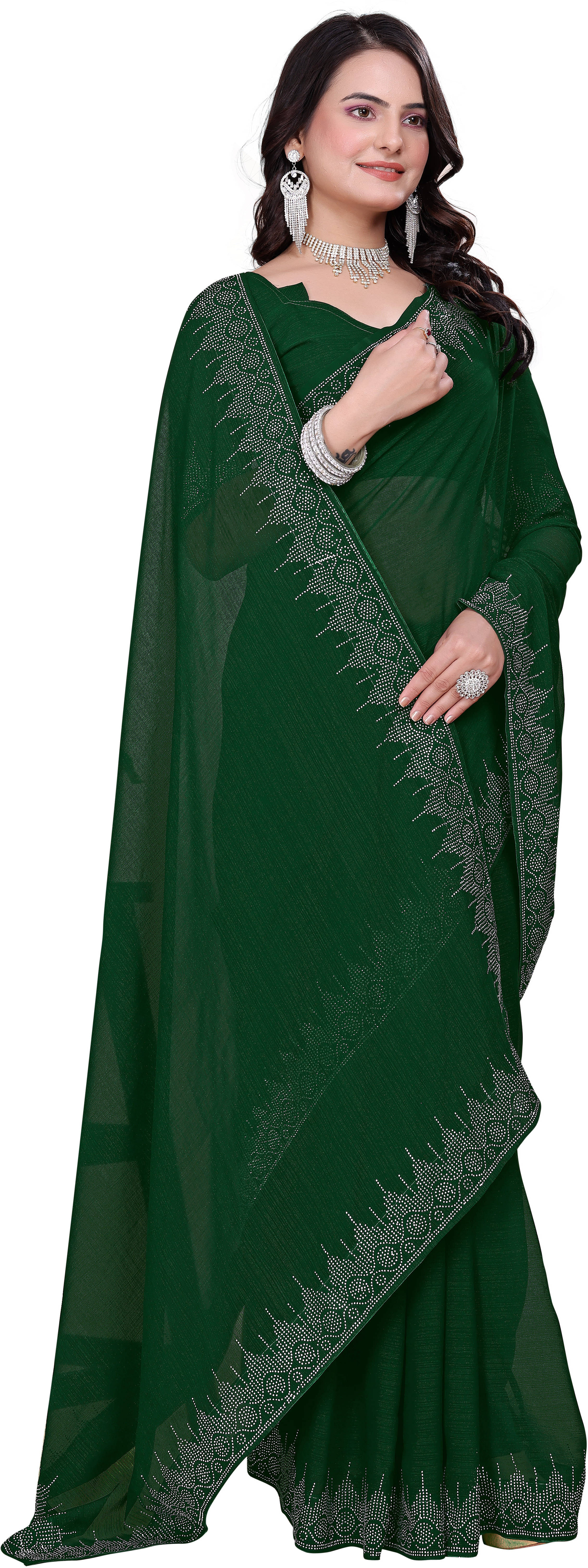     			Sadika Georgette Embellished Saree With Unstitched Blouse Piece ( Green )