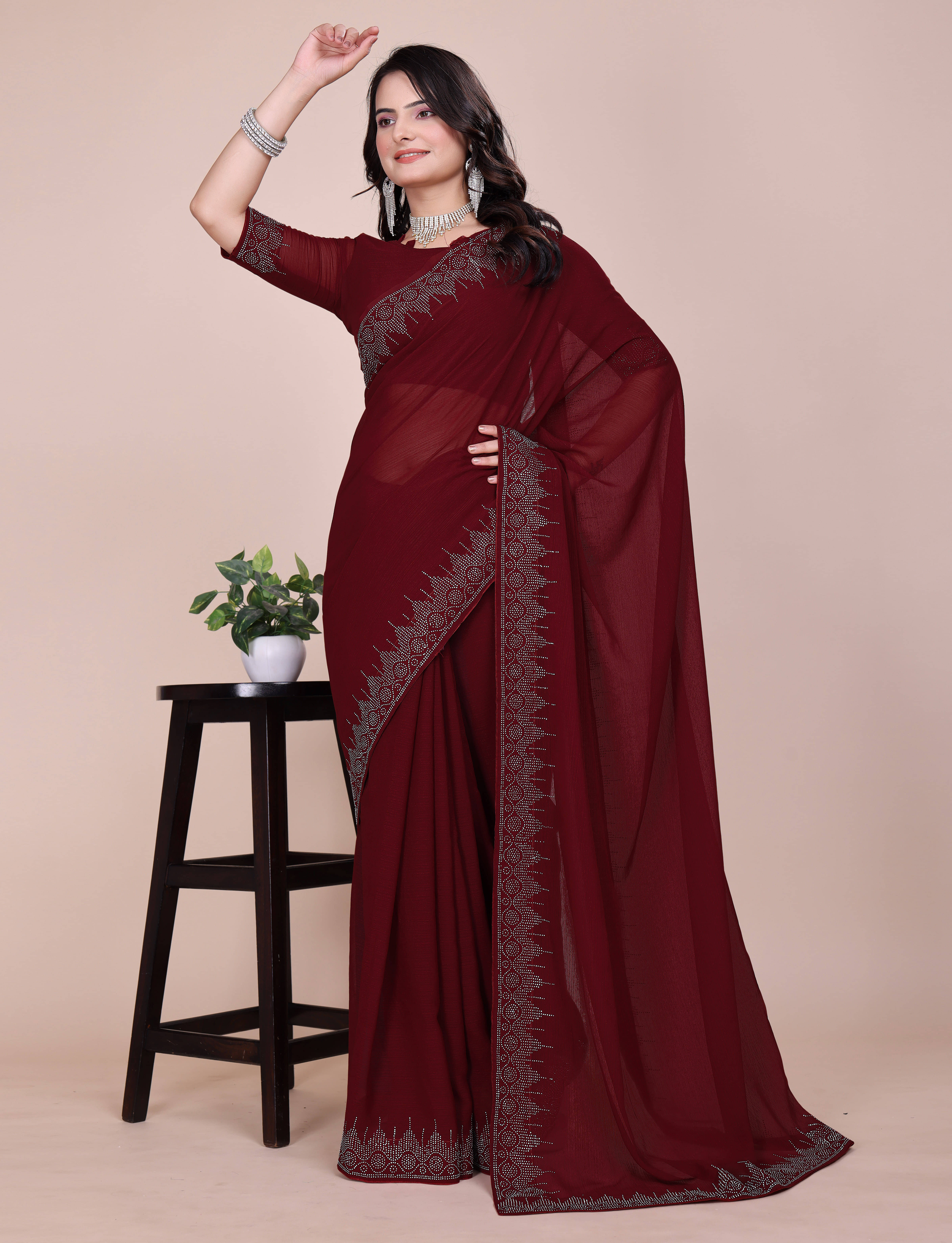 Sadika Georgette Embellished Saree With Unstitched Blouse Piece ( Maroon ) Sadika Georgette Embellished Saree With Unstitched Blouse Piece ( Maroon )