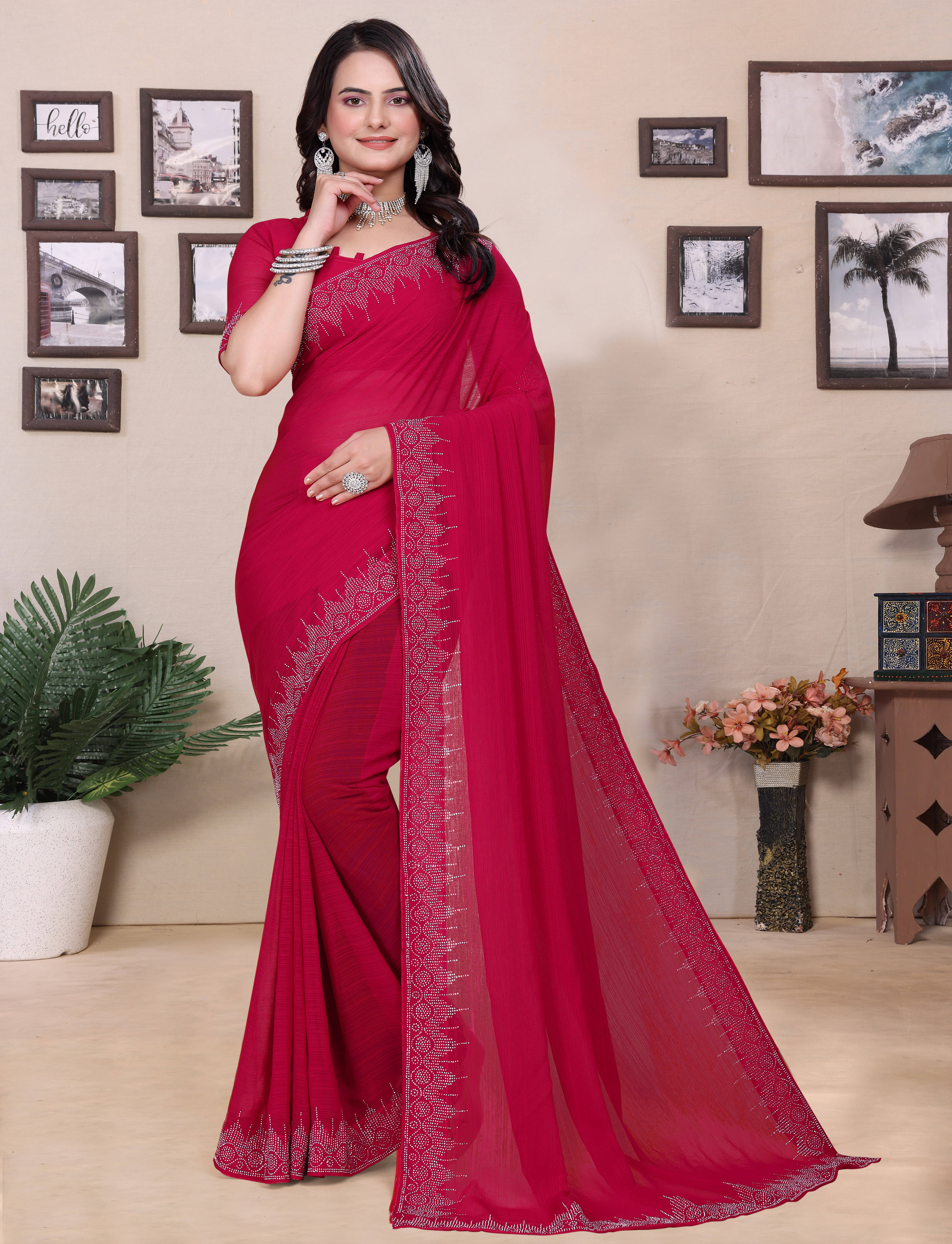     			Sadika Georgette Embellished Saree With Unstitched Blouse Piece ( Pink )