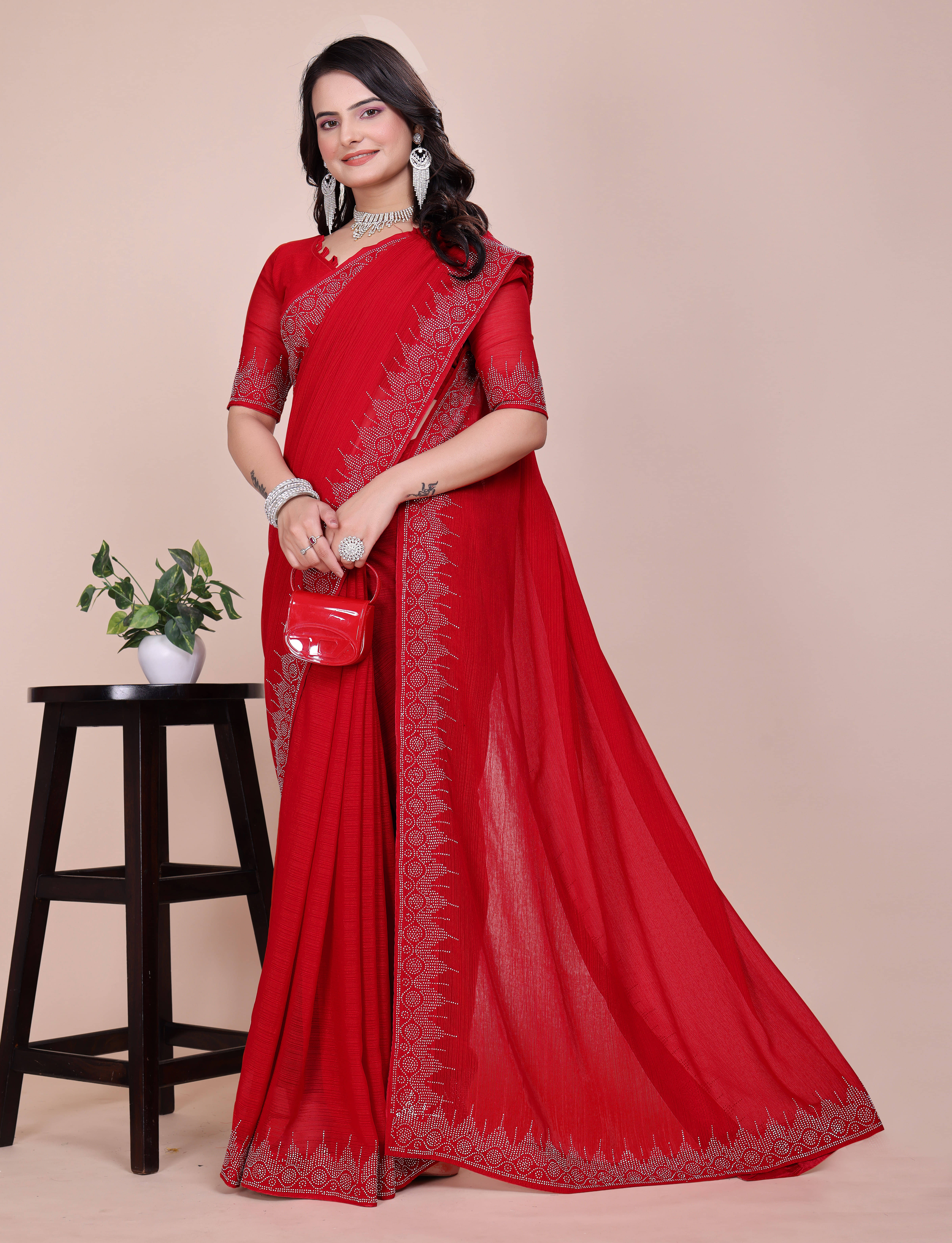     			Sadika Georgette Embellished Saree With Unstitched Blouse Piece ( Red )