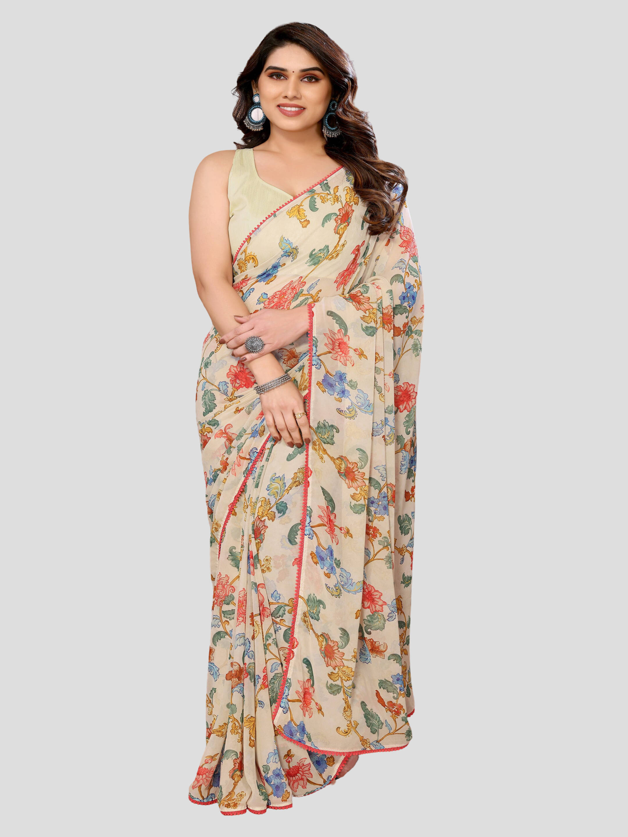 Sadika Georgette Embellished Saree With Unstitched Blouse Piece ( White ) Sadika Georgette Embellished Saree With Unstitched Blouse Piece ( White )
