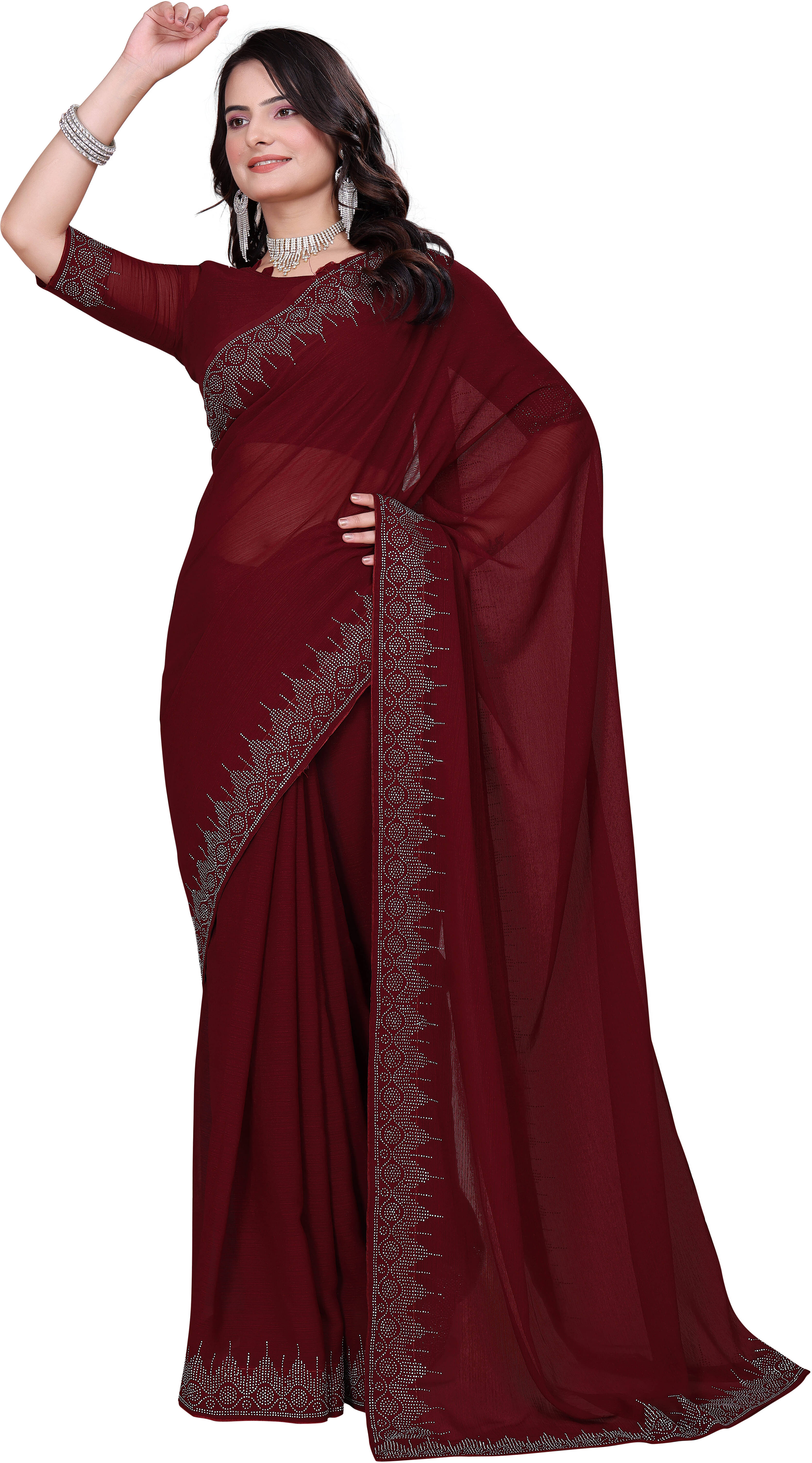 Sadika Georgette Embellished Saree With Unstitched Blouse Piece ( Maroon ) Sadika Georgette Embellished Saree With Unstitched Blouse Piece ( Maroon )