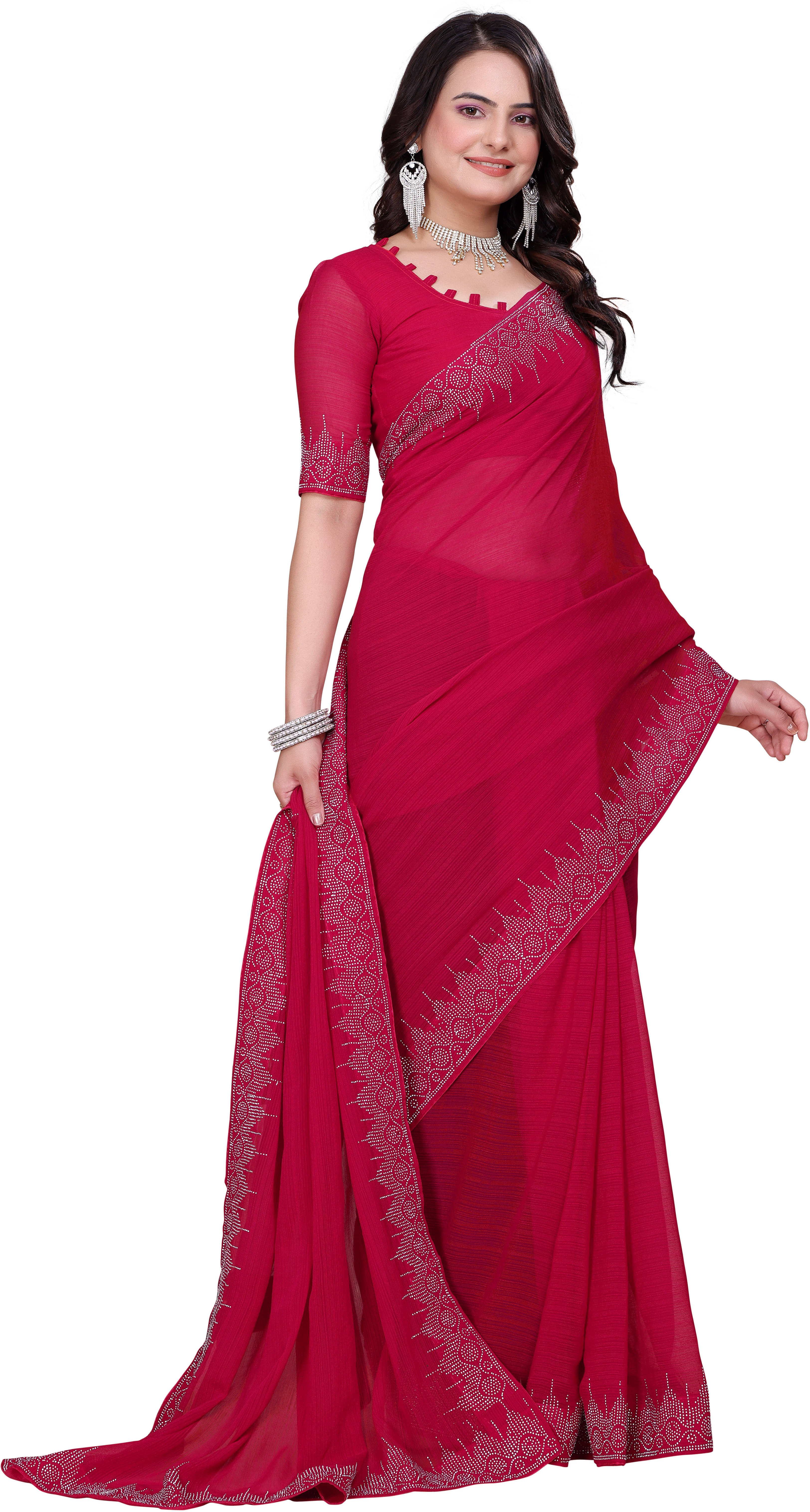     			Sadika Georgette Embellished Saree With Unstitched Blouse Piece ( Pink )