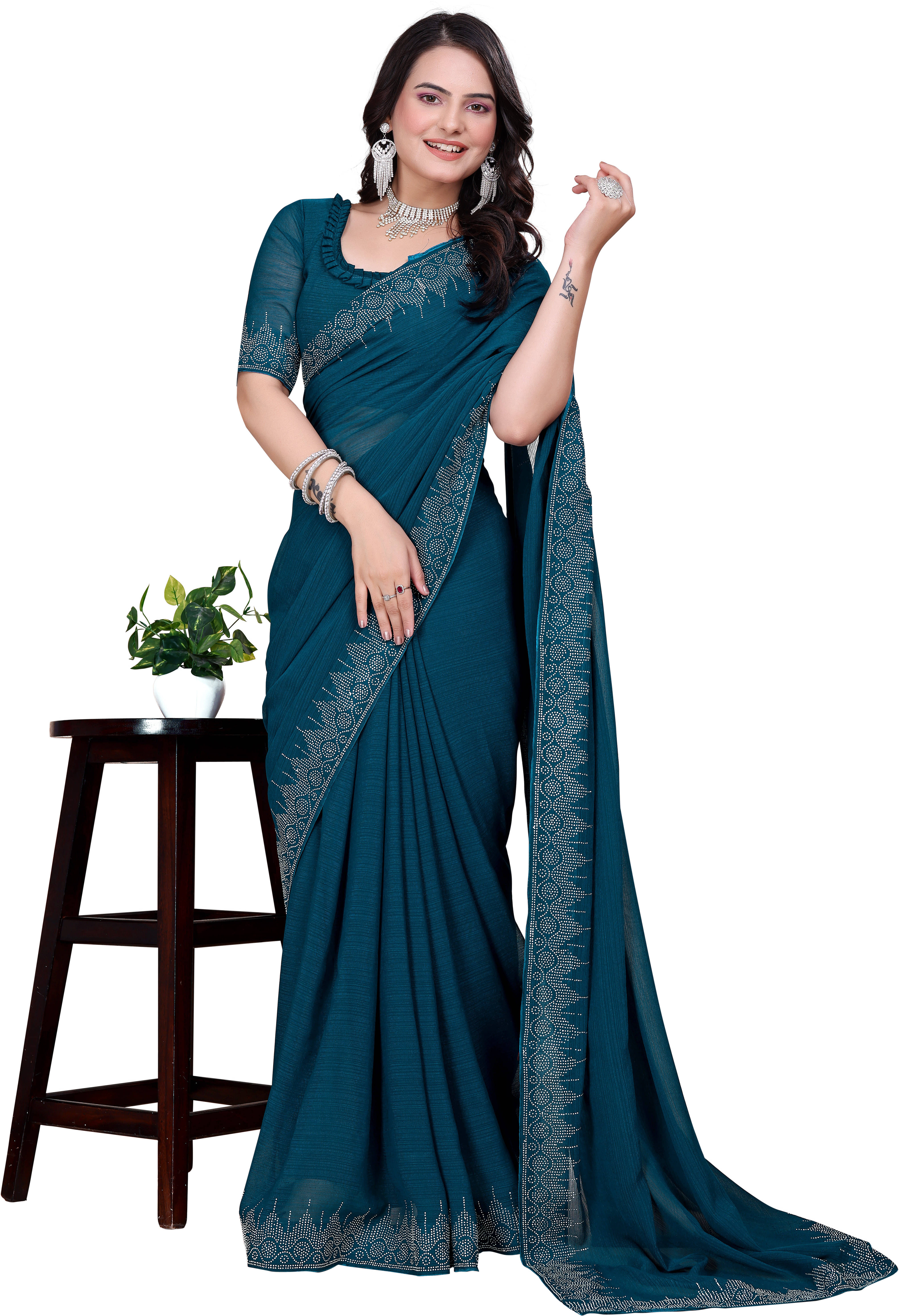     			Sadika Georgette Embellished Saree With Unstitched Blouse Piece ( Blue )