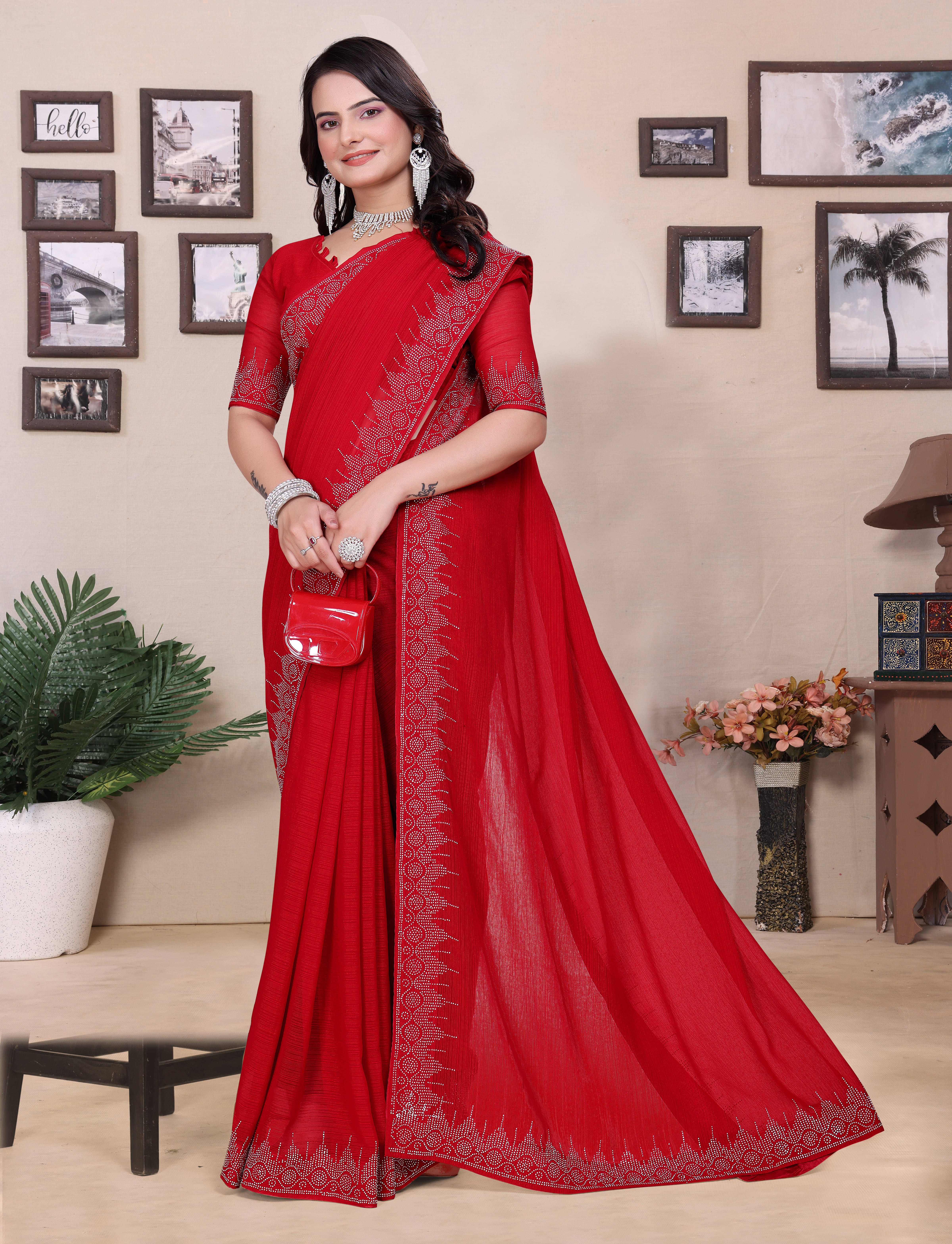     			Sadika Georgette Embellished Saree With Unstitched Blouse Piece ( Red )