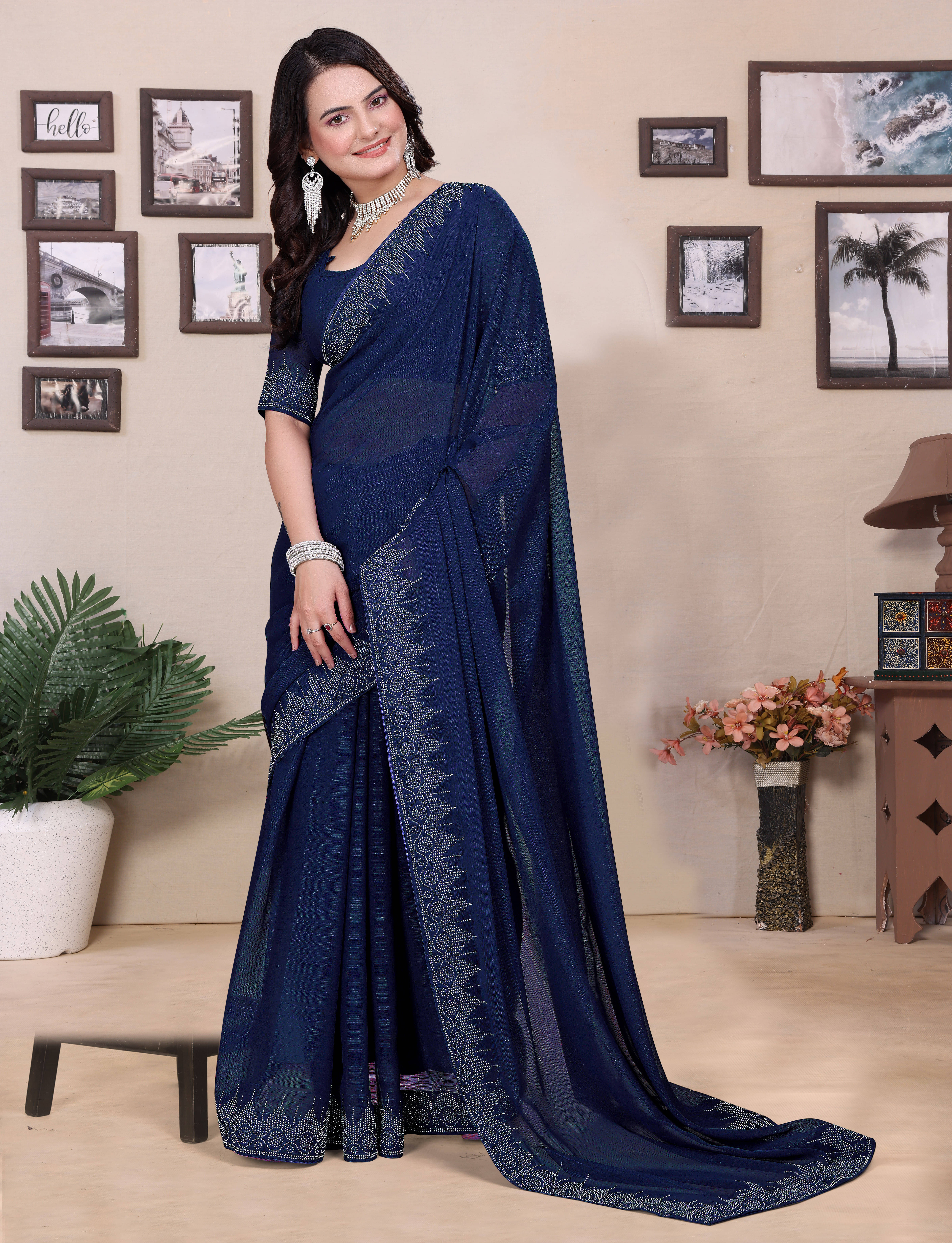    			Sadika Georgette Embellished Saree With Unstitched Blouse Piece ( Blue )