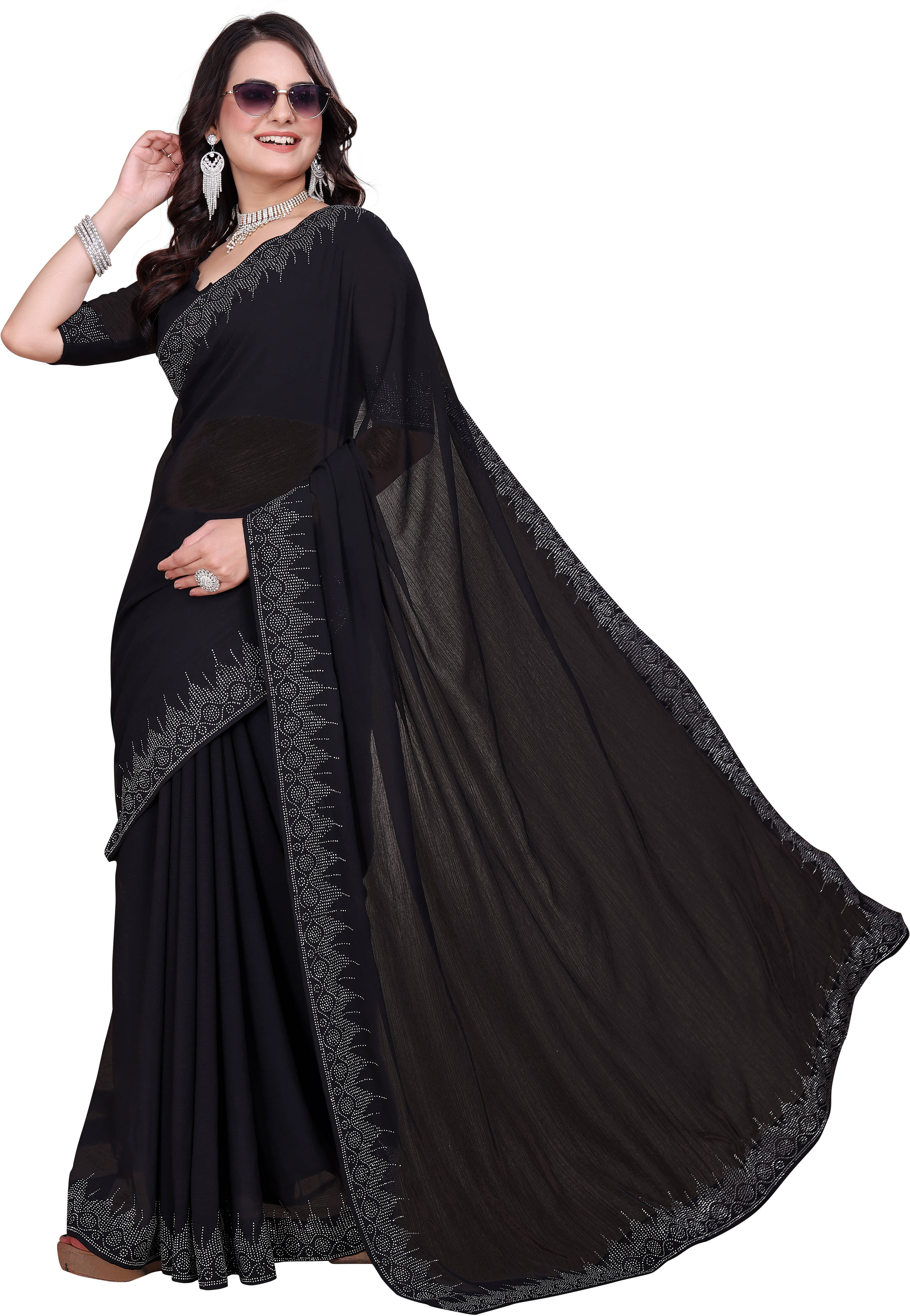 Sadika Georgette Embellished Saree With Unstitched Blouse Piece ( Black ) Sadika Georgette Embellished Saree With Unstitched Blouse Piece ( Black )