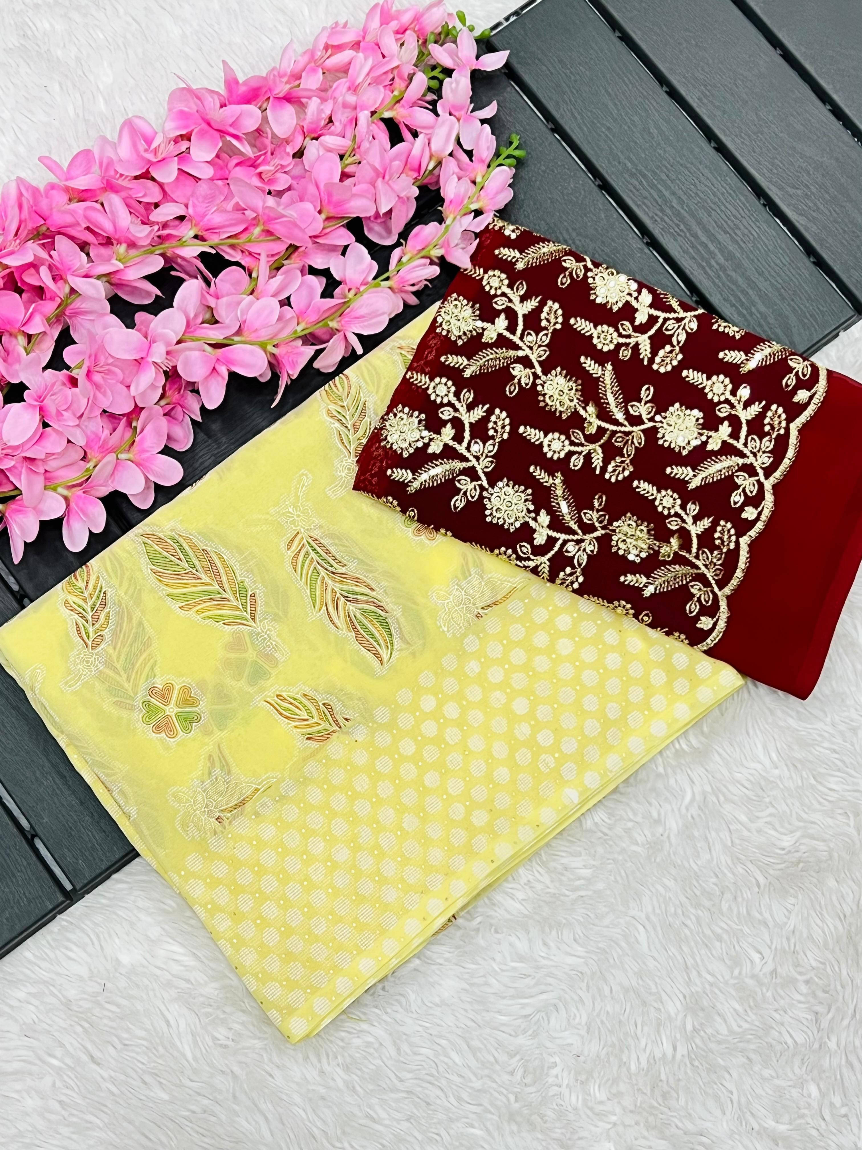     			Sadika Georgette Embroidered Saree With Unstitched Blouse Piece ( Yellow )