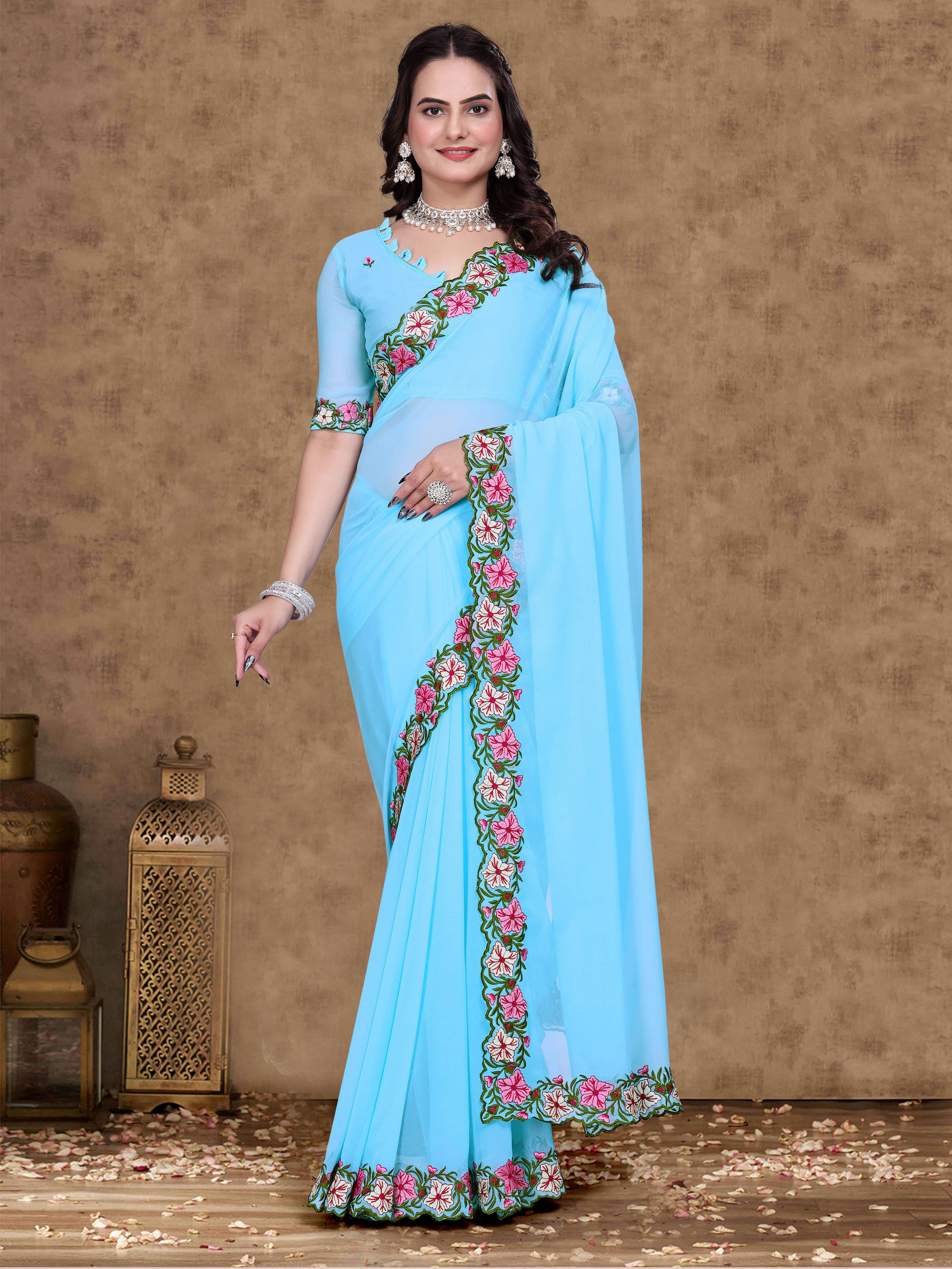 Sadika Georgette Embroidered Saree With Unstitched Blouse Piece ( Light Blue ) Sadika Georgette Embroidered Saree With Unstitched Blouse Piece ( Light Blue )